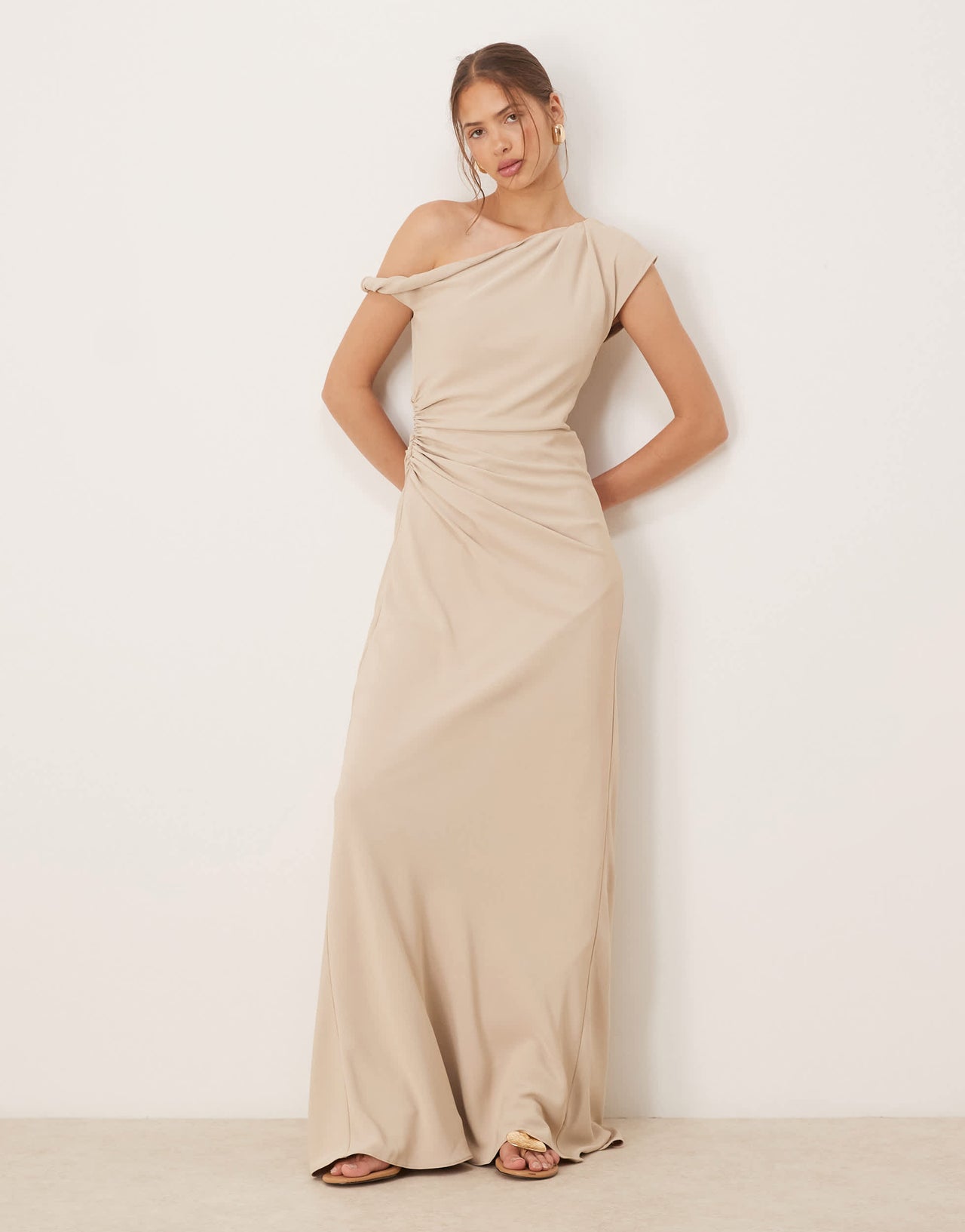 Six Stories exclusive asymmetric off shoulder maxi dress in stone