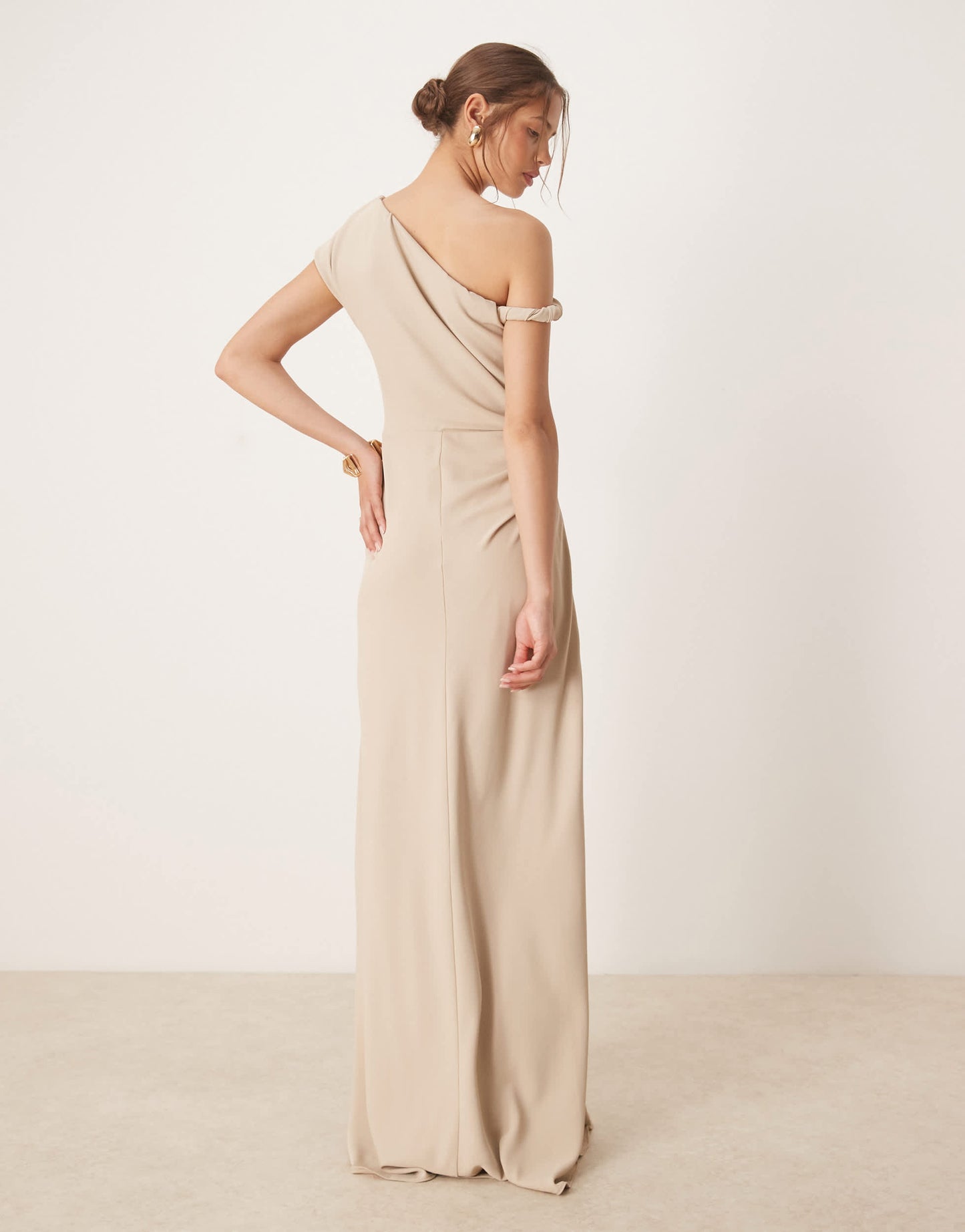 Six Stories exclusive asymmetric off shoulder maxi dress in stone
