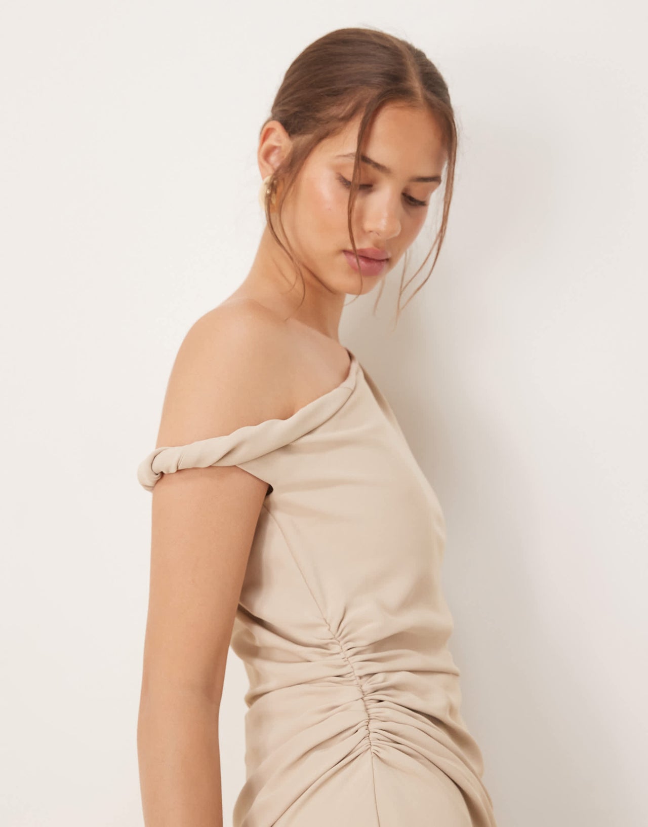 Six Stories exclusive asymmetric off shoulder maxi dress in stone