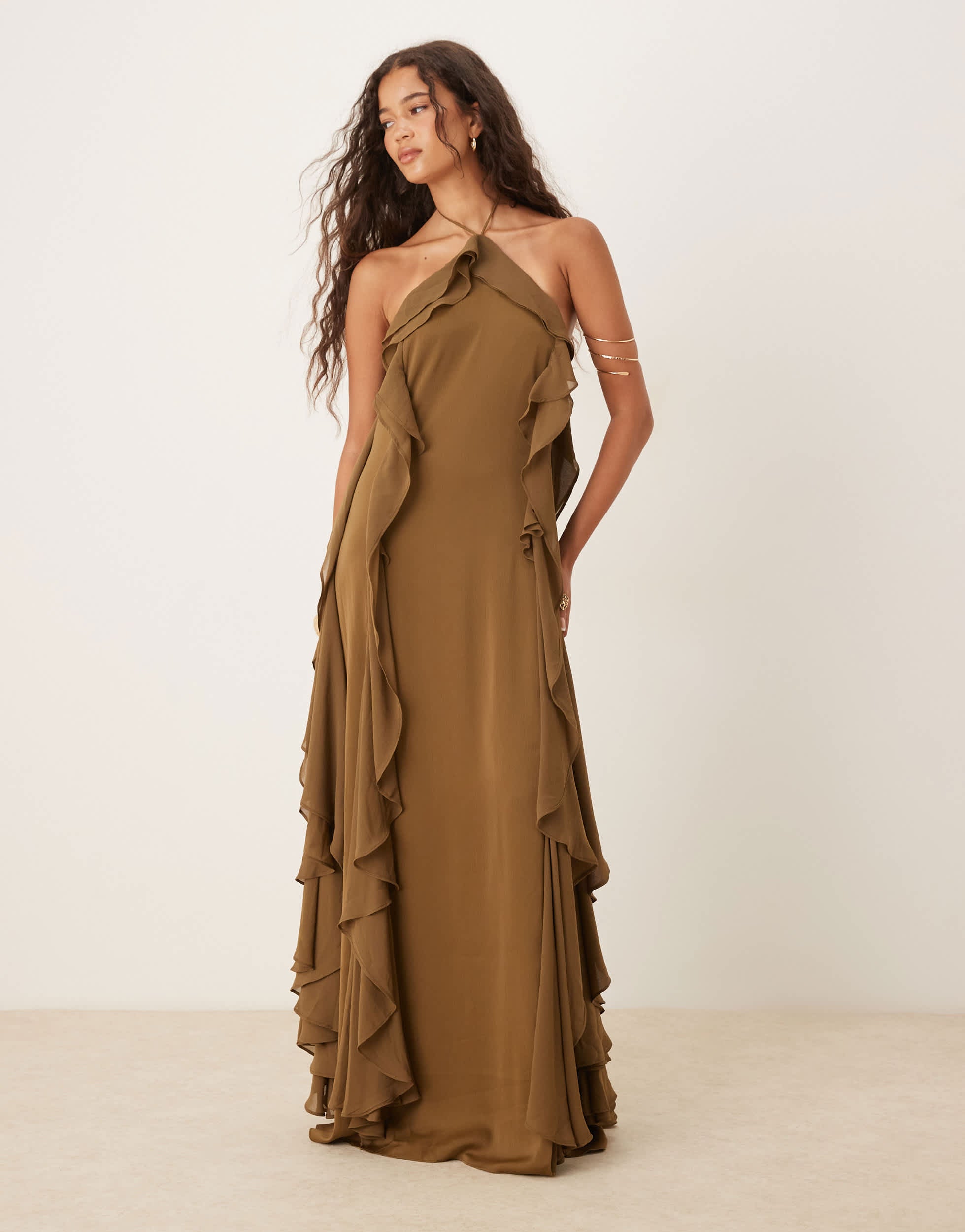 Six Stories halter ruffle maxi dress in deep olive