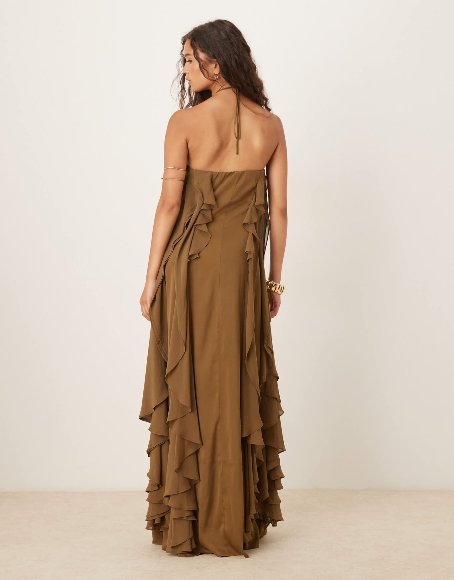Six Stories halter ruffle maxi dress in deep olive