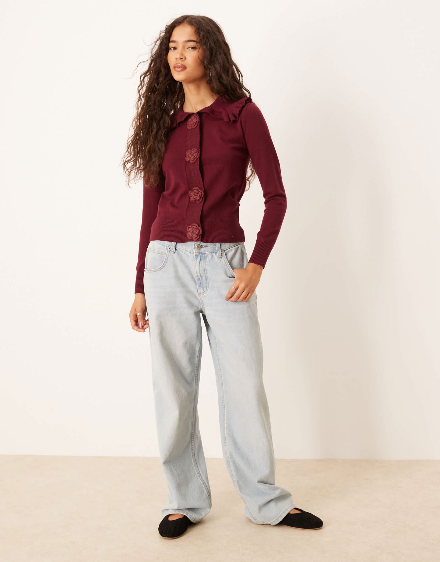 Glamorous rose applique cardigan with dramatic collar in burgundy