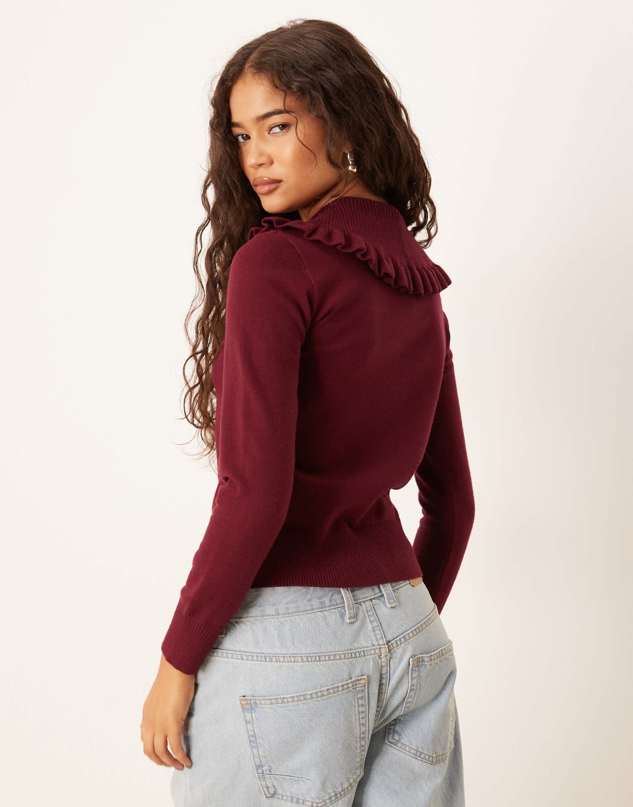 Glamorous rose applique cardigan with dramatic collar in burgundy
