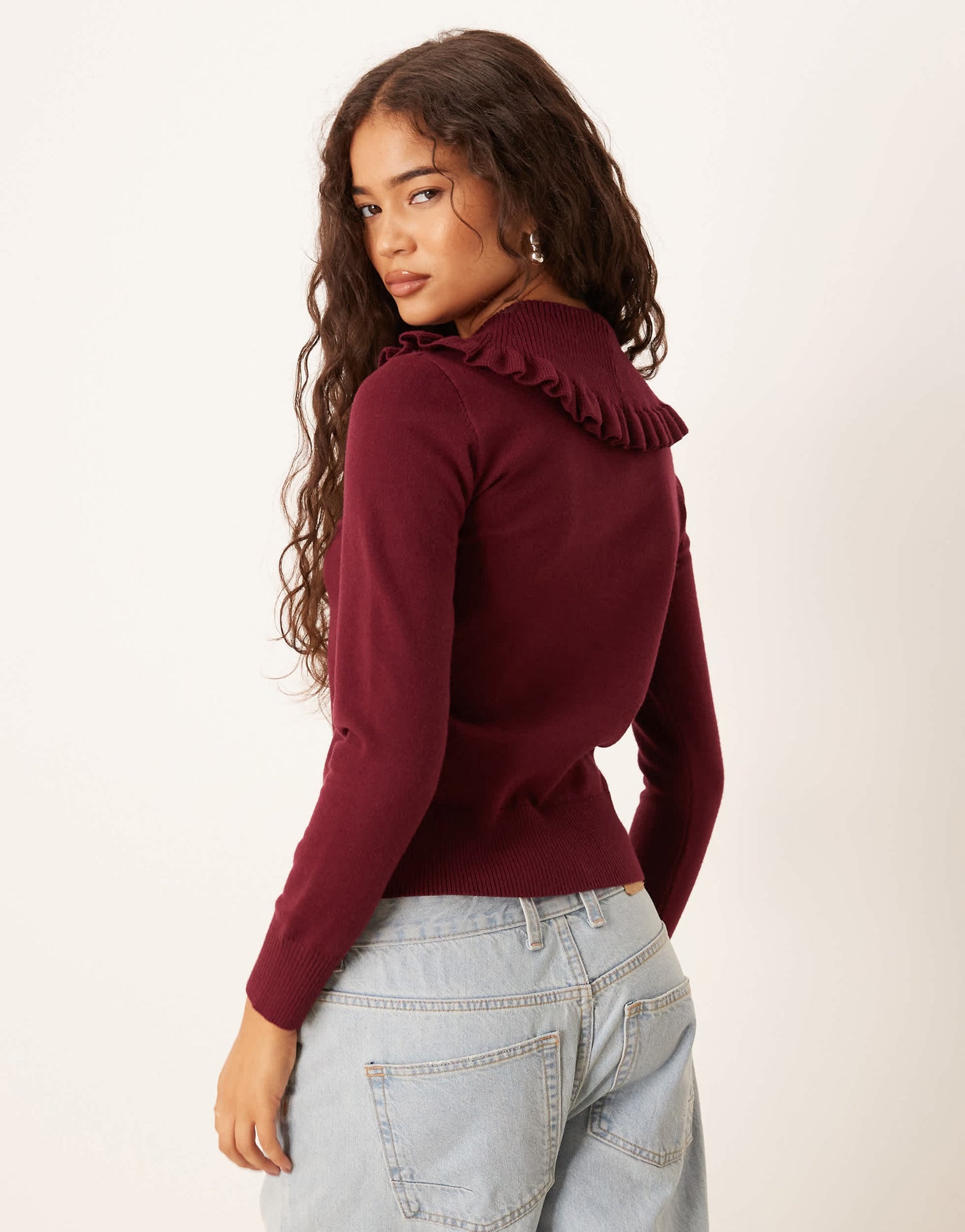 Glamorous rose applique cardigan with dramatic collar in burgundy