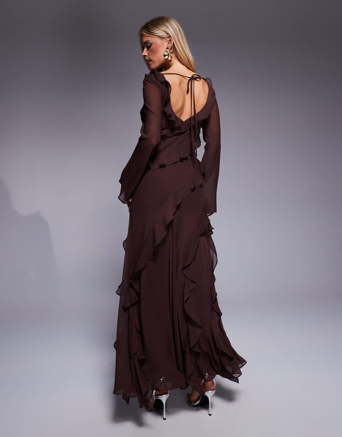 Forever New Petite chiffon ruffle bell sleeve maxi dress in chocolate