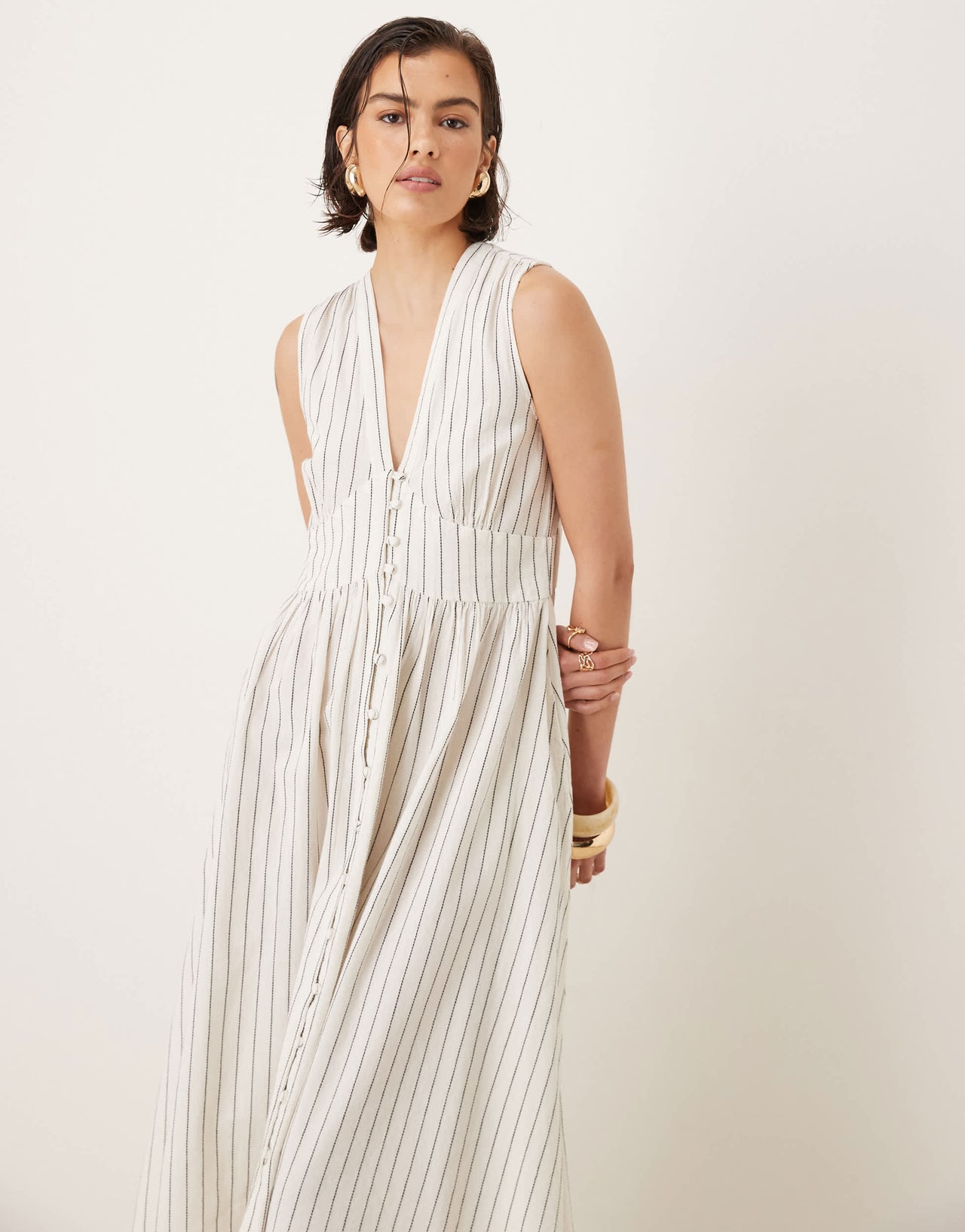 Nobody's Child Starlight midi dress in cream pinstripe
