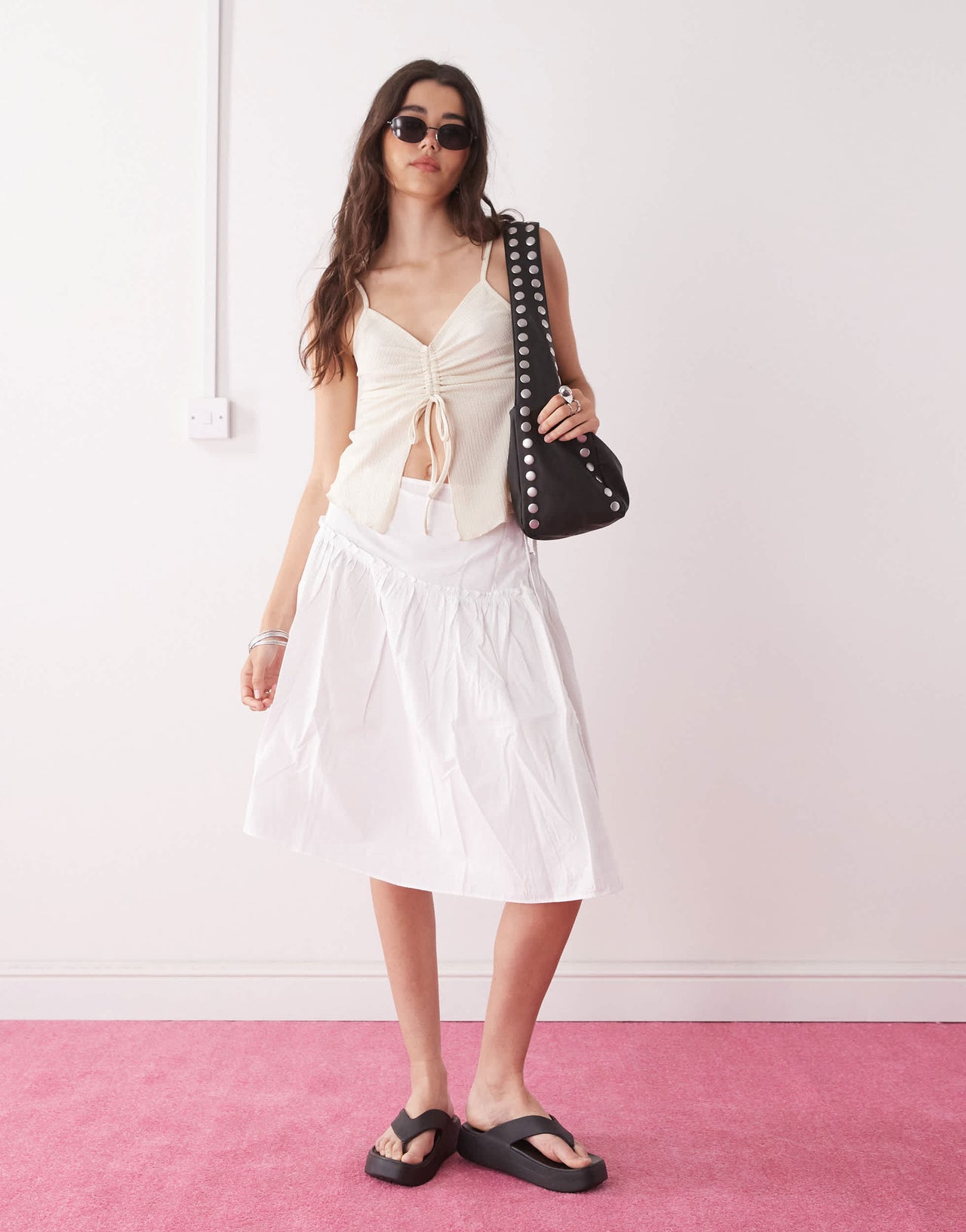 Reclaimed Vintage split front cami with ruched bust detail in white
