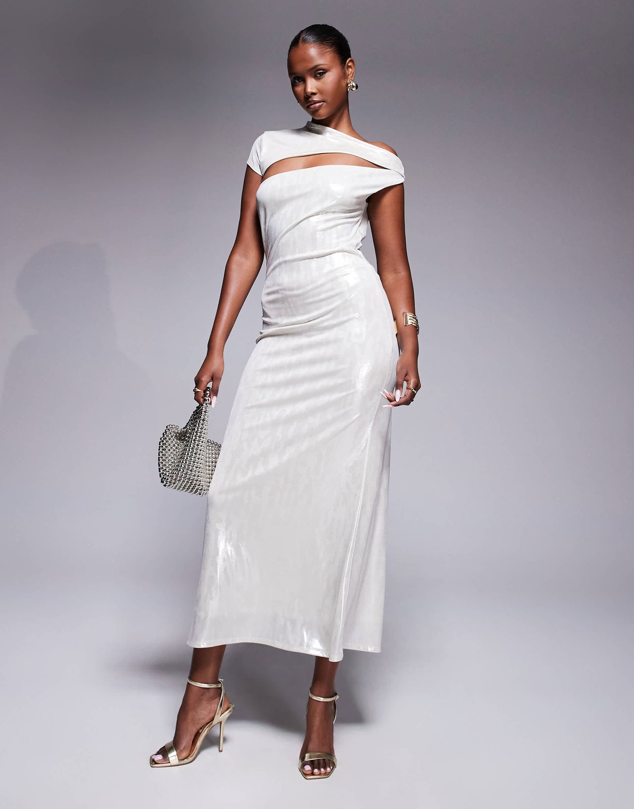 ASOS DESIGN one short sleeve asymmetric overlay maxi dress in metallic nude