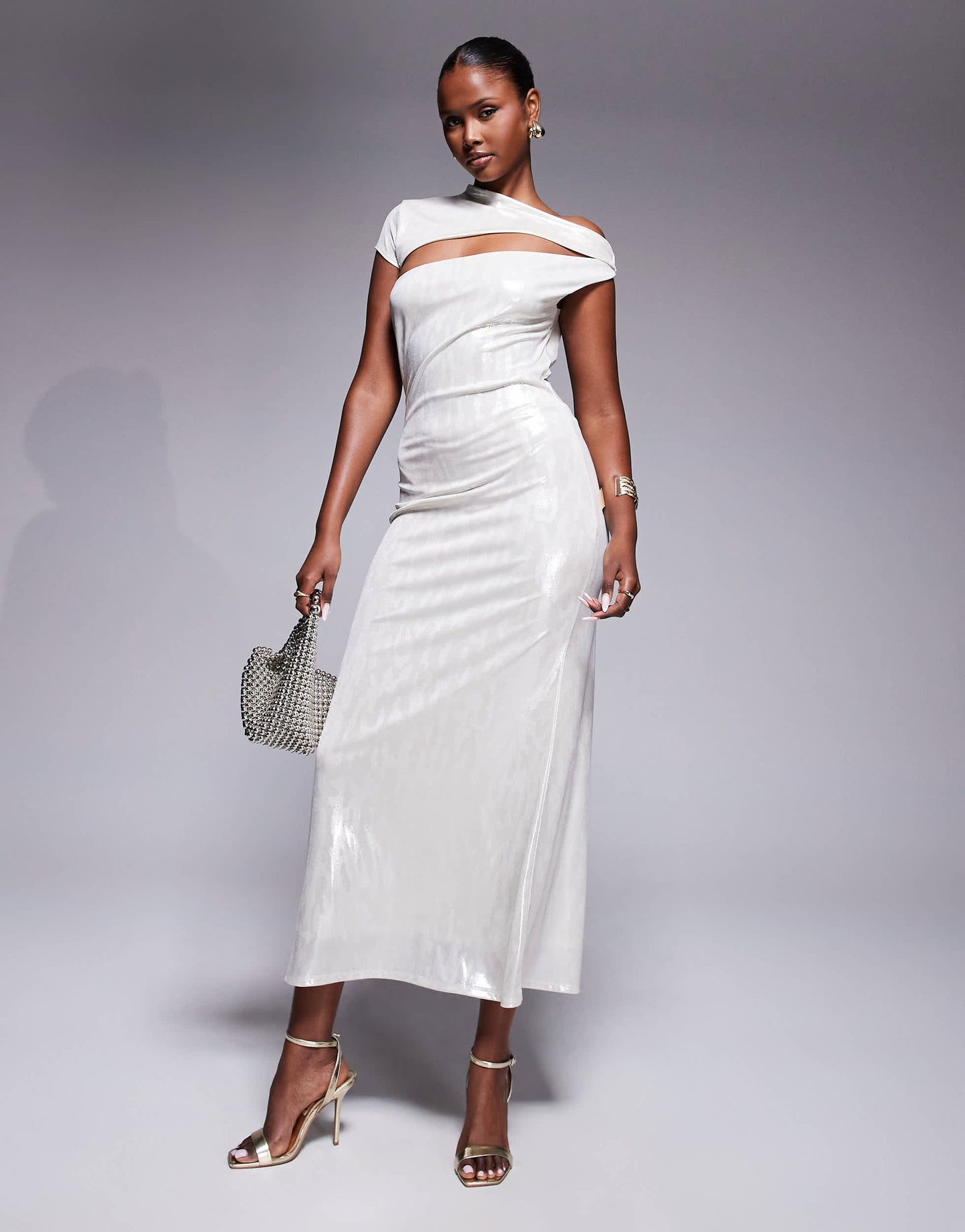 ASOS DESIGN one short sleeve asymmetric overlay maxi dress in metallic nude
