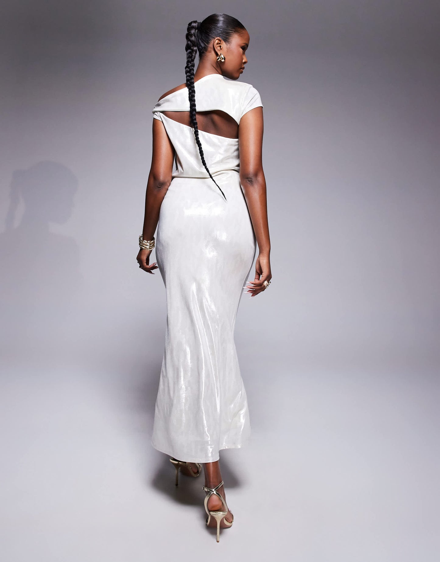 ASOS DESIGN one short sleeve asymmetric overlay maxi dress in metallic nude