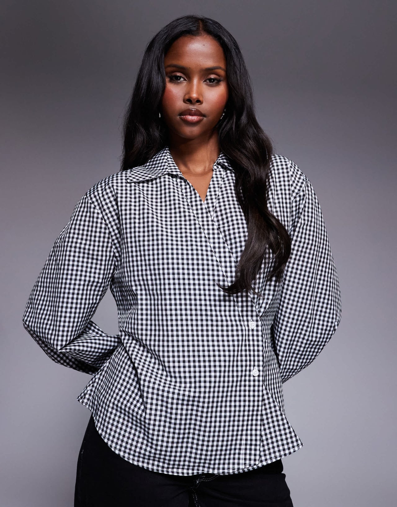 ASOS DESIGN wrap shirt with cocoon sleeve in black and white gingham