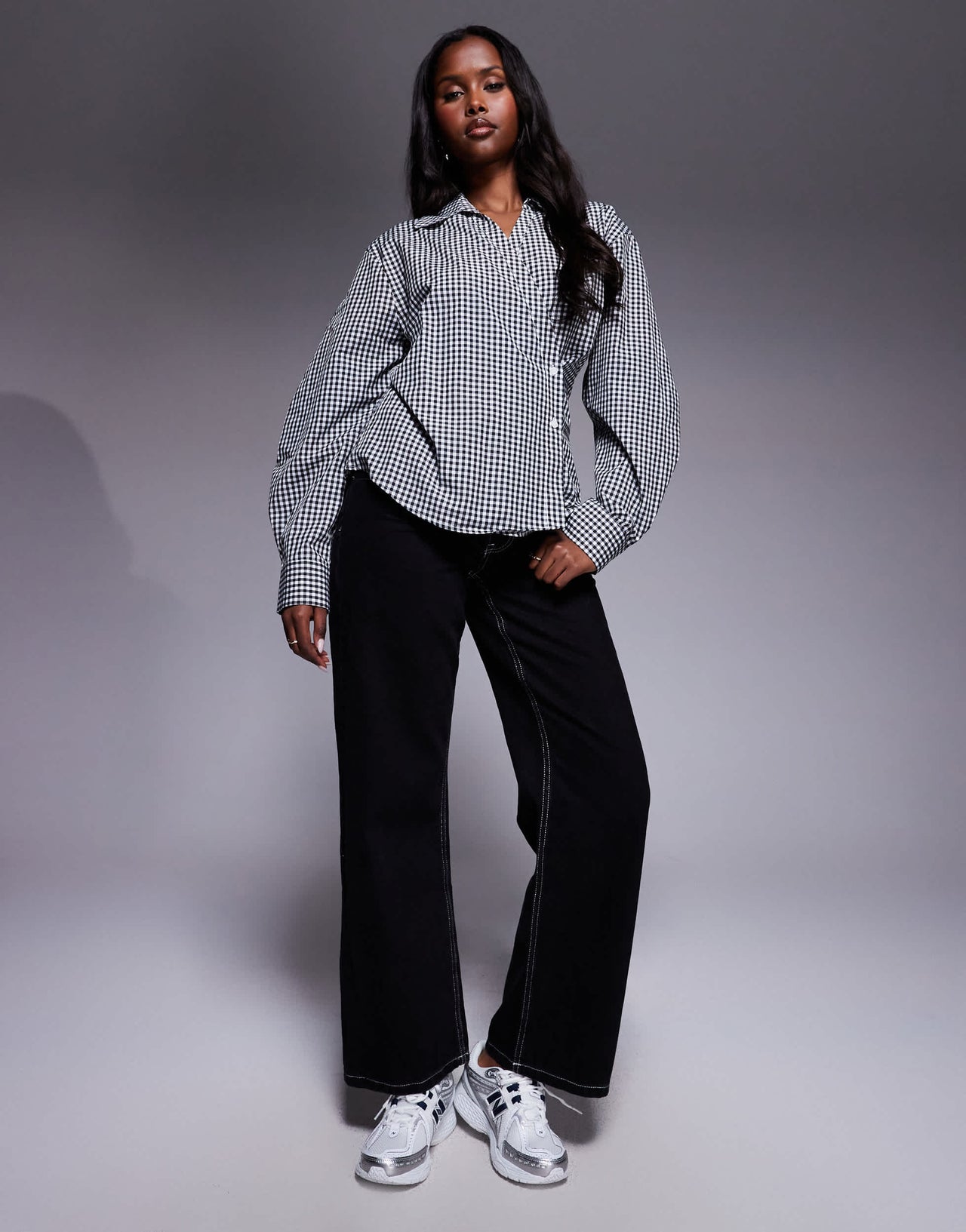 ASOS DESIGN wrap shirt with cocoon sleeve in black and white gingham