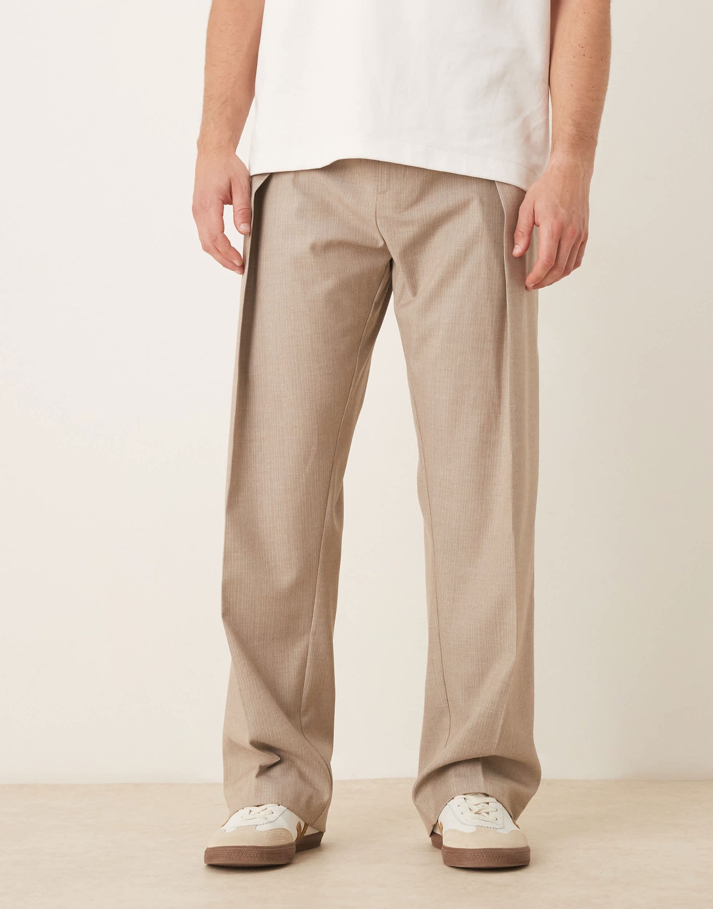 ASOS DESIGN smart wide leg trousers with front deep pleat in neutral pinstripe