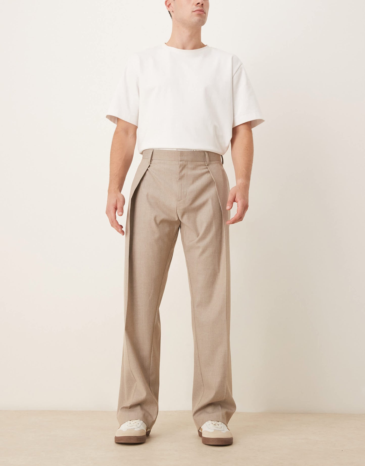 ASOS DESIGN smart wide leg trousers with front deep pleat in neutral pinstripe