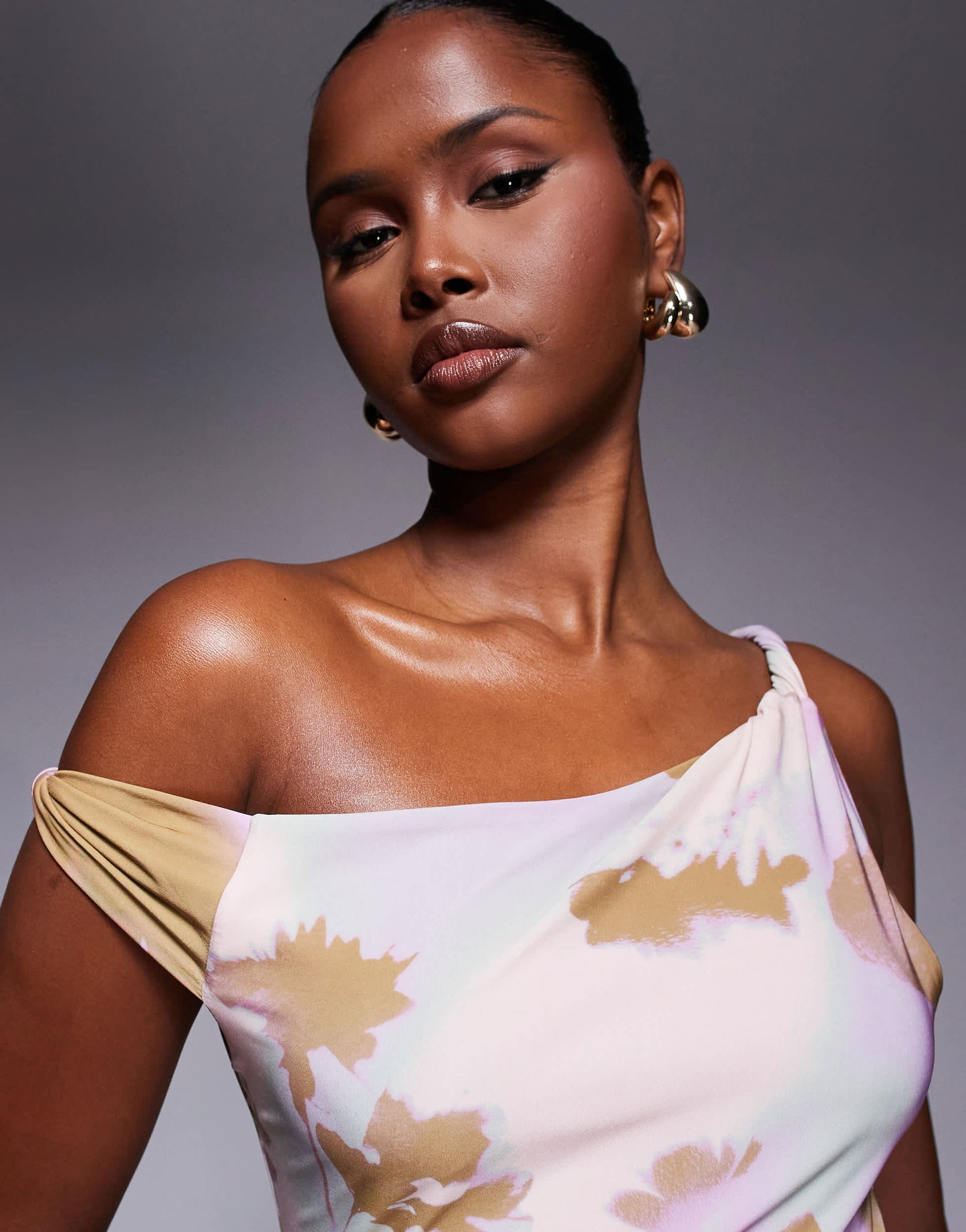 ASOS DESIGN twist off shoulder mini with sash detail mini dress in print