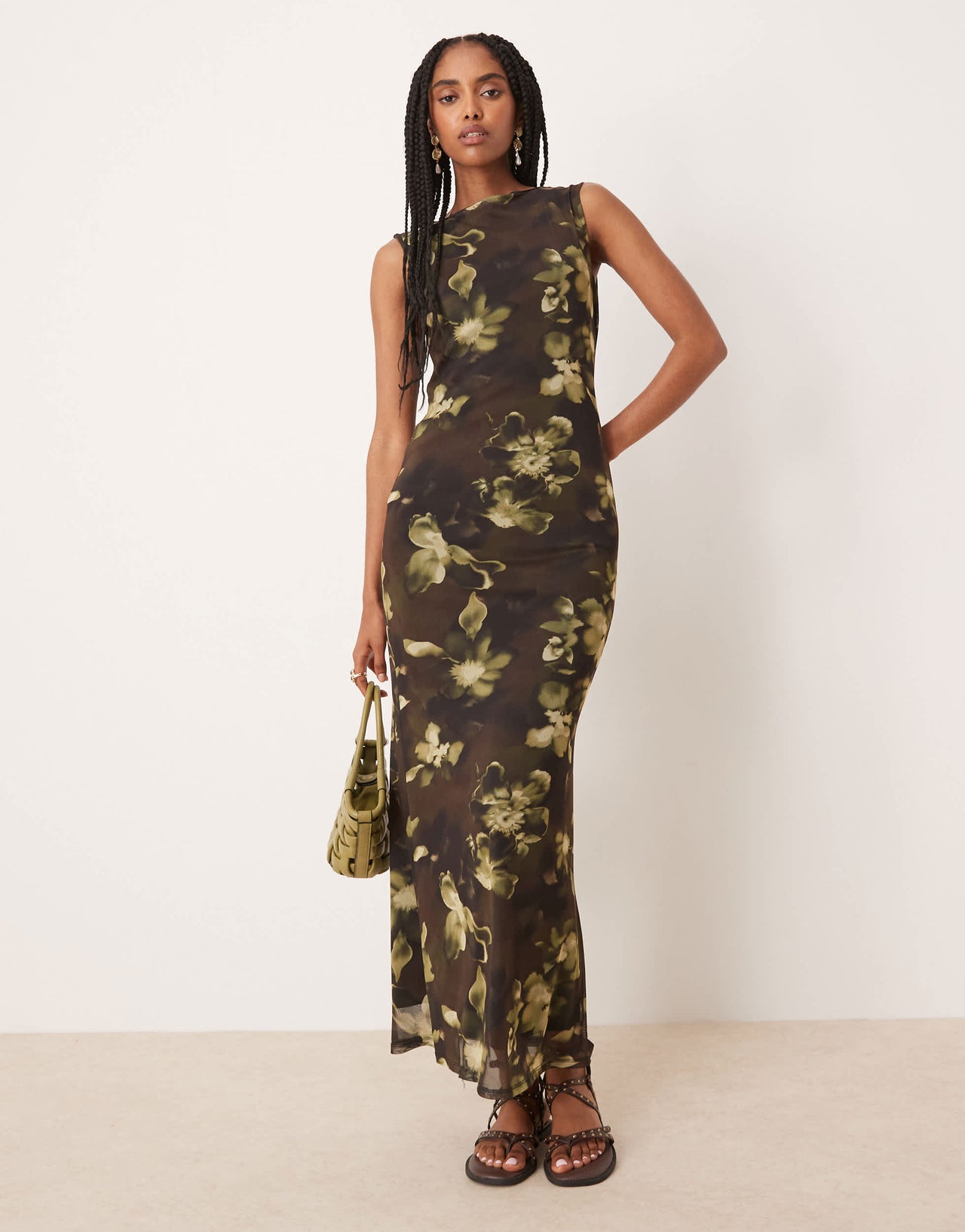 ASOS DESIGN sleeveless column midi dress in brown print