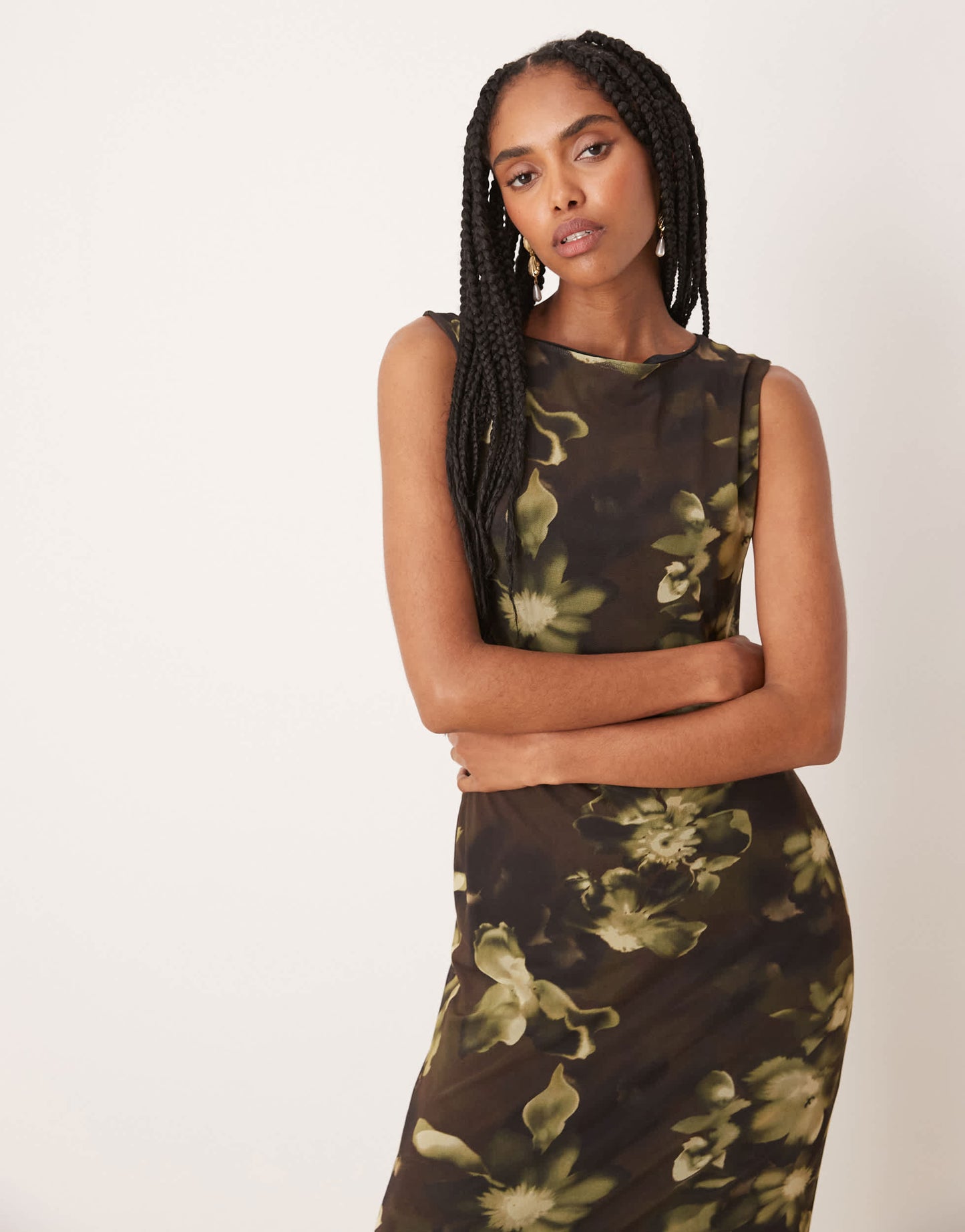 ASOS DESIGN sleeveless column midi dress in brown print