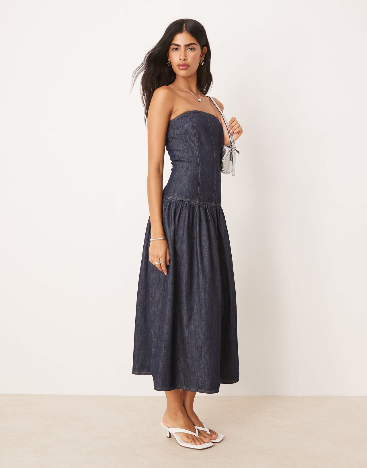 ASOS DESIGN denim dropwaist bandeau maxi dress in indigo rinse