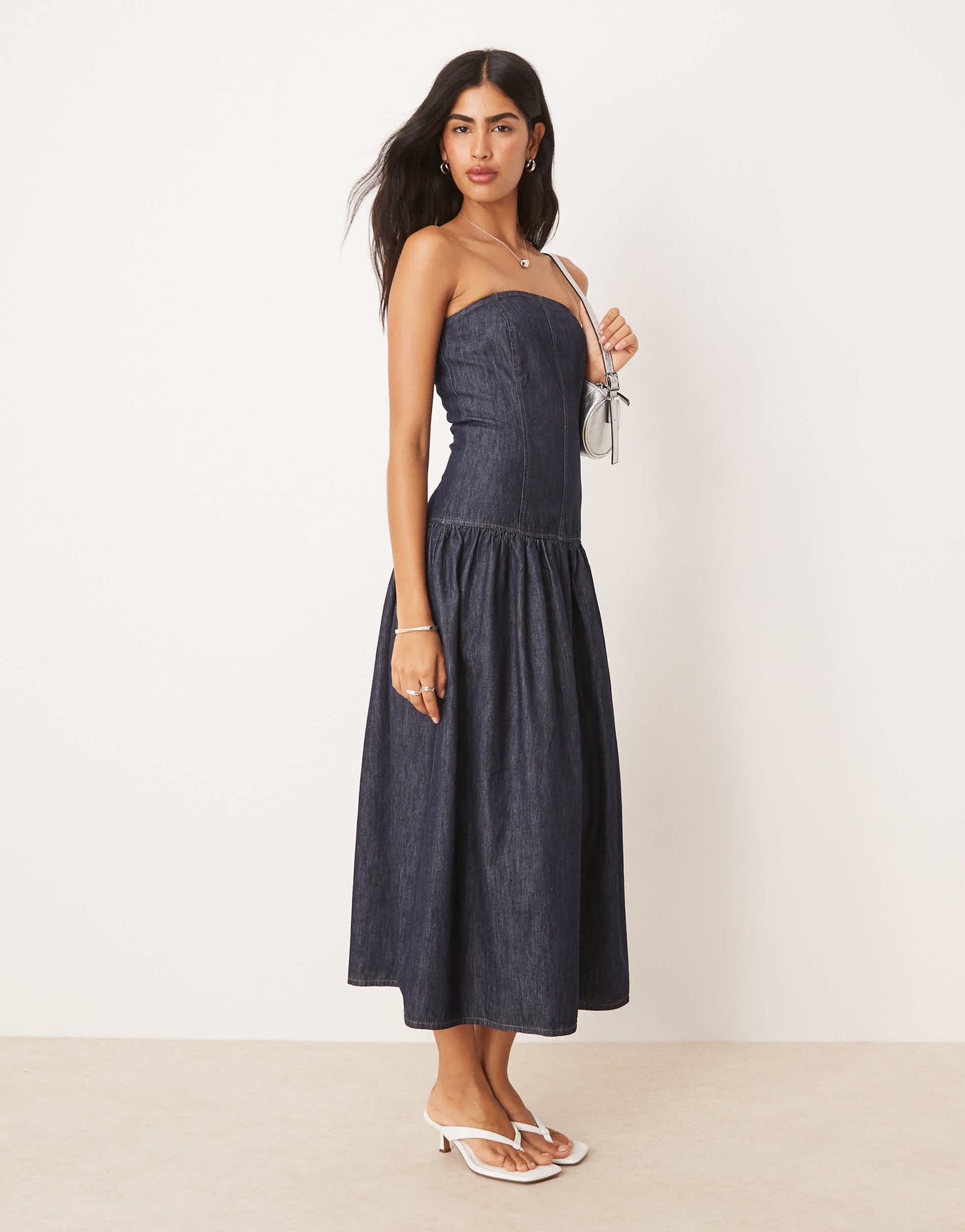 ASOS DESIGN denim dropwaist bandeau maxi dress in indigo rinse