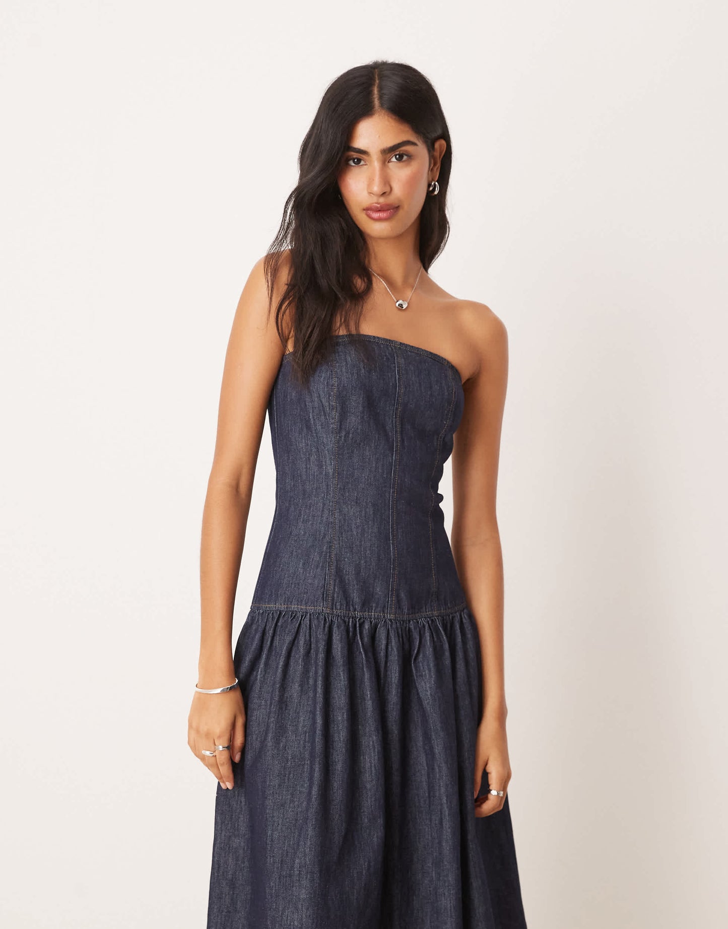 ASOS DESIGN denim dropwaist bandeau maxi dress in indigo rinse