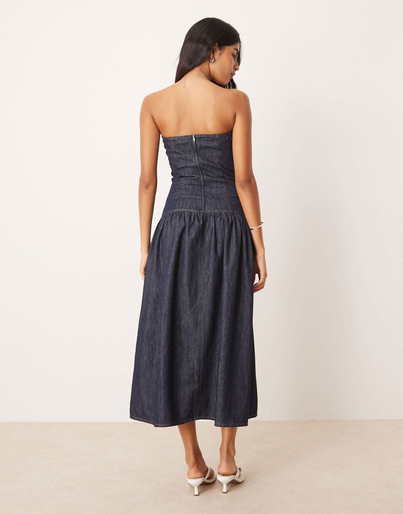 ASOS DESIGN denim dropwaist bandeau maxi dress in indigo rinse