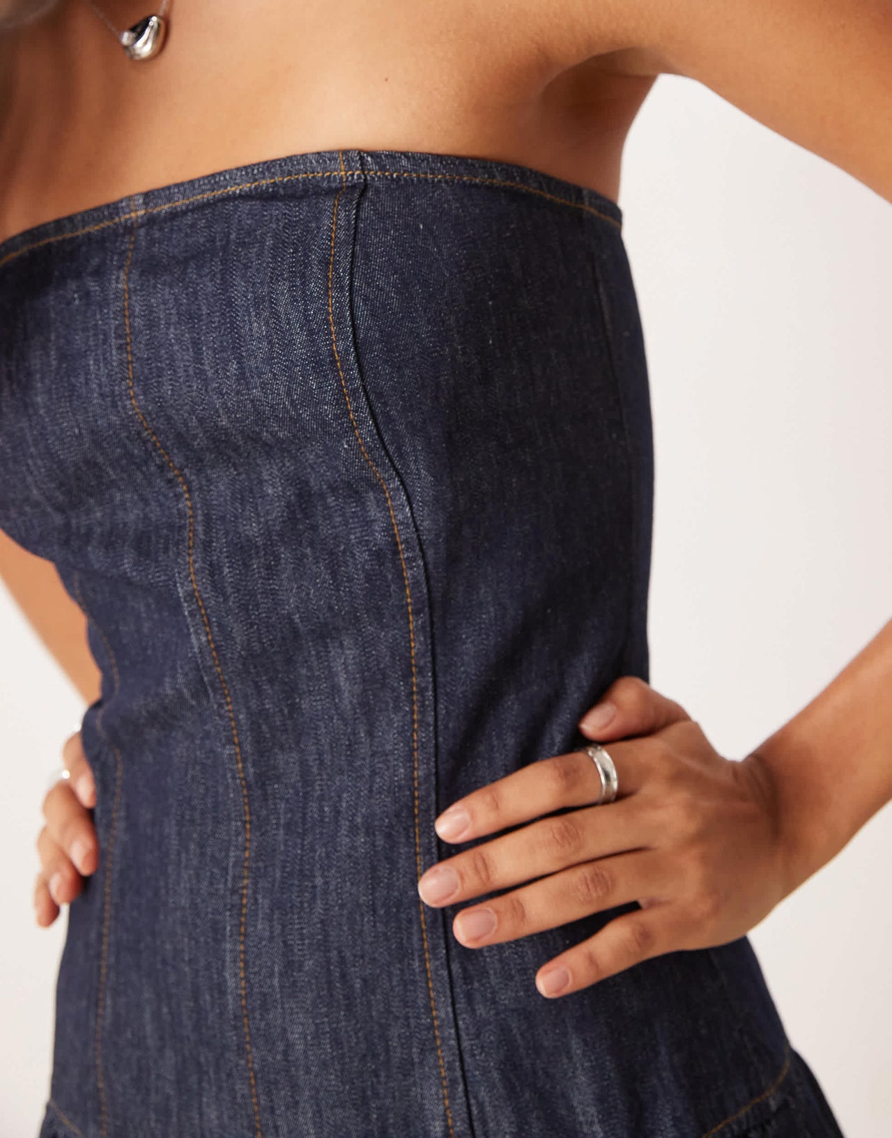 ASOS DESIGN denim dropwaist bandeau maxi dress in indigo rinse