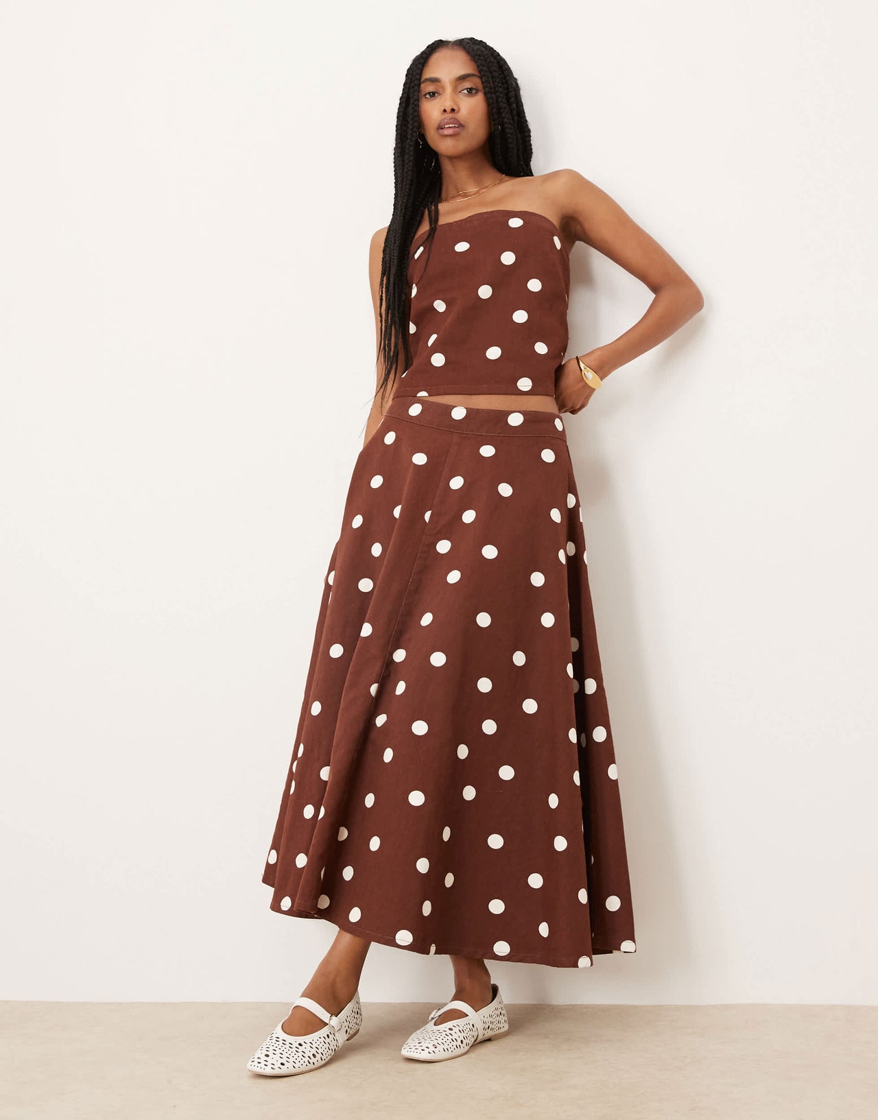 ASOS DESIGN bandeau denim top in brown polka dot