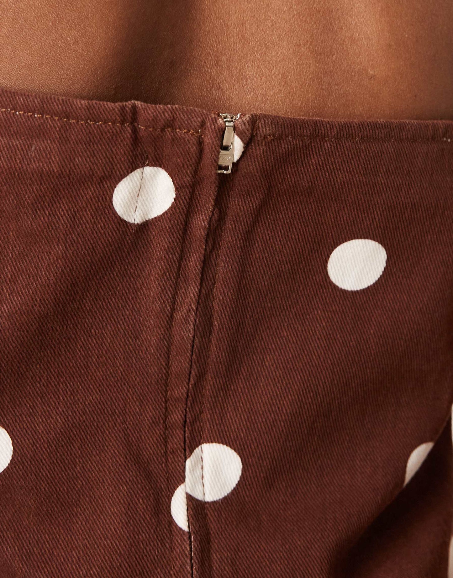 ASOS DESIGN bandeau denim top in brown polka dot
