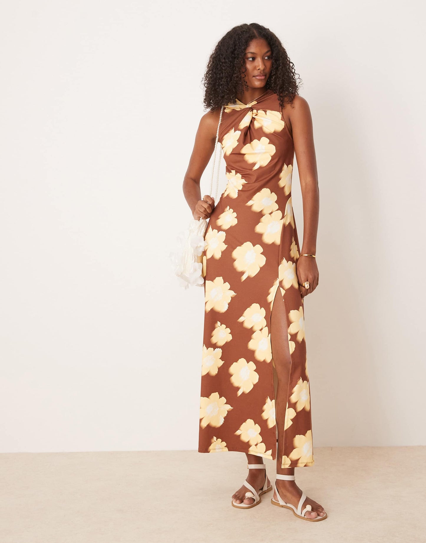 ASOS DESIGN high twist neck sleeveless midi dress in brown flower print
