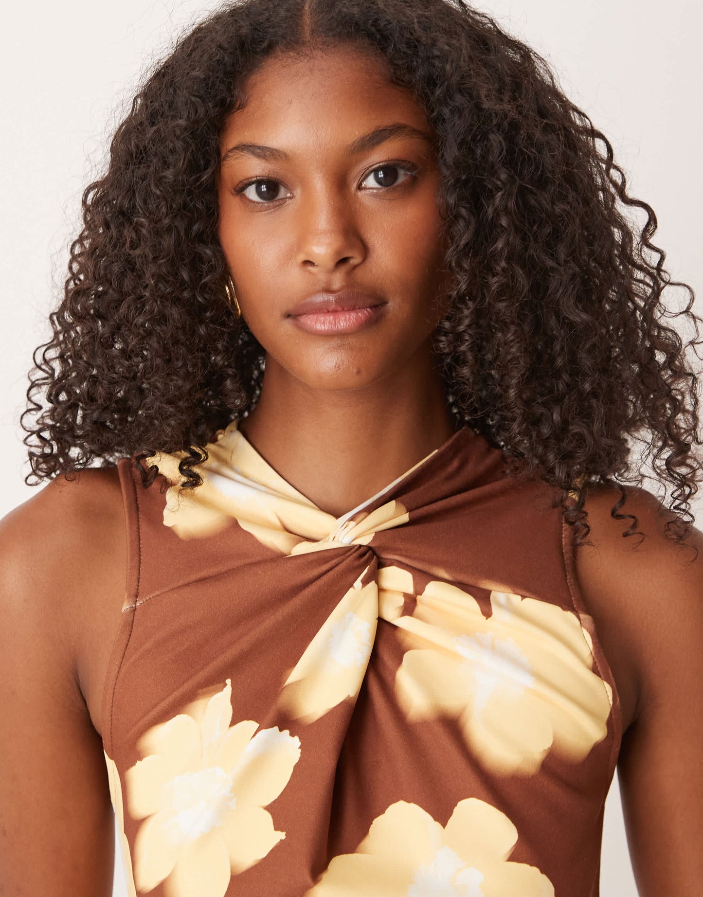 ASOS DESIGN high twist neck sleeveless midi dress in brown flower print