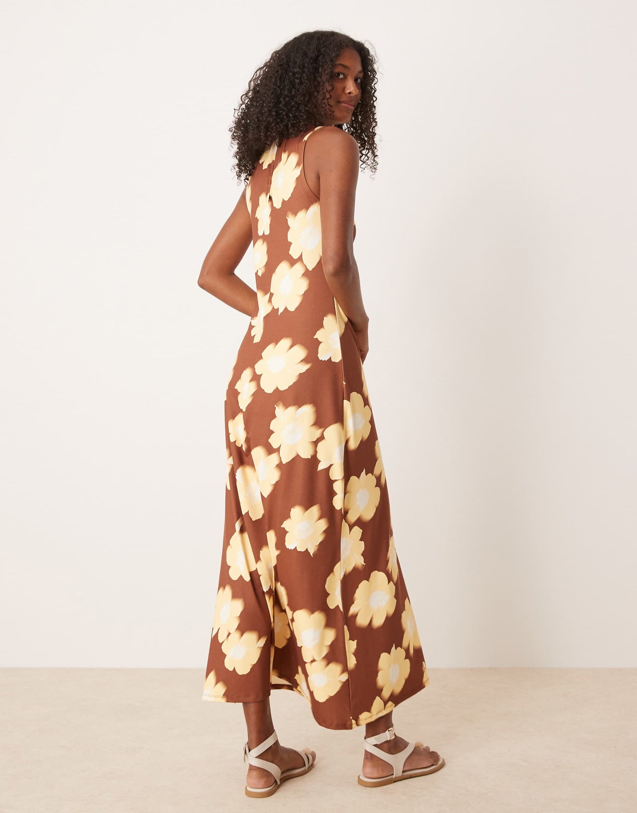ASOS DESIGN high twist neck sleeveless midi dress in brown flower print