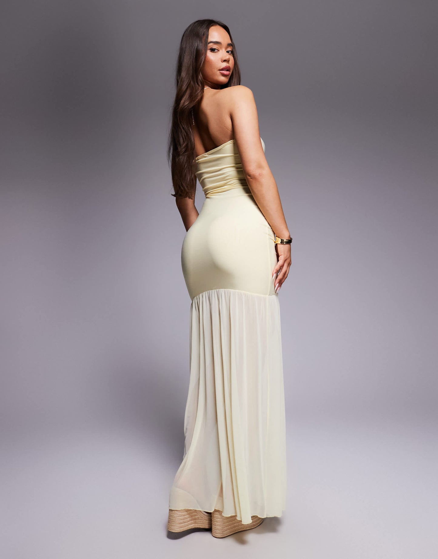 Kaiia exclusive double layered slinky bandeau drop waist split front sheer hem maxi dress in butter yellow