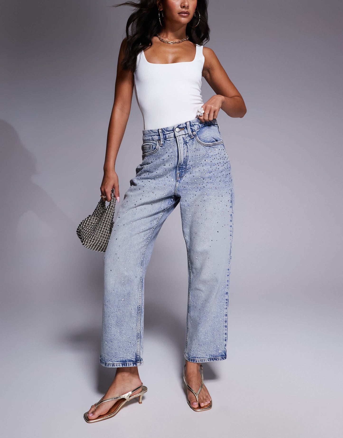 Good American crystal stars good 90s cropped jeans in light blue