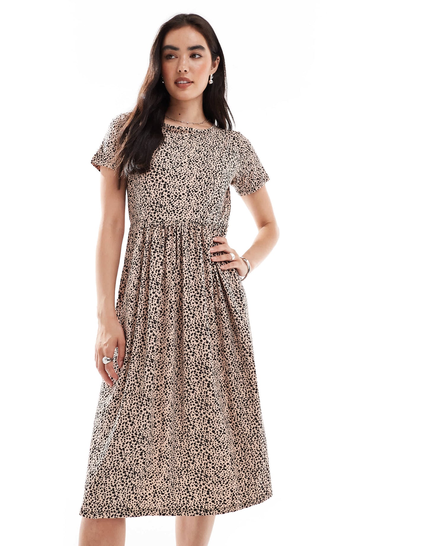 Wednesday's Girl smudge spot midi dress in beige