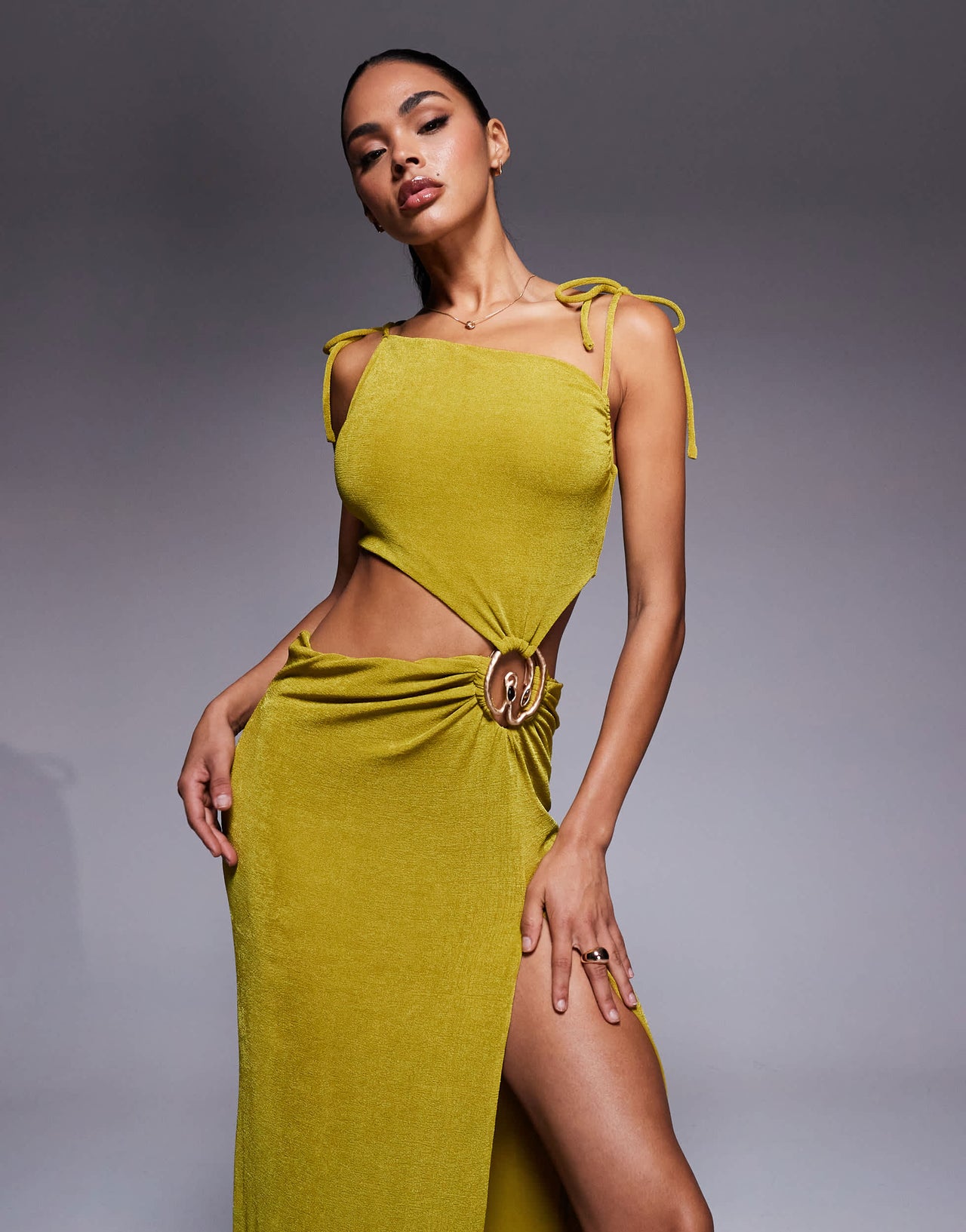 Oh Polly cowl neck textured jersey cut-out maxi dress in olive green
