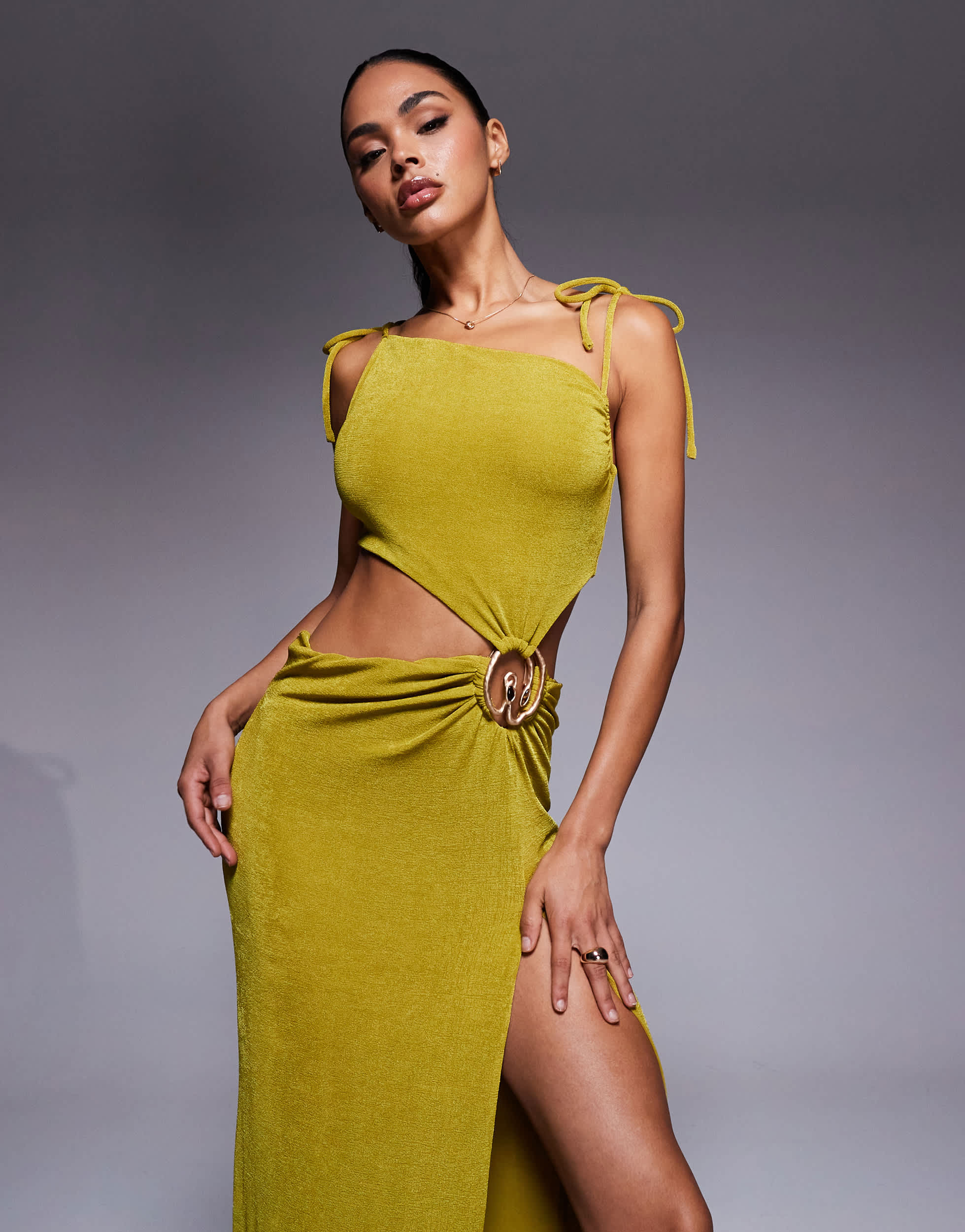 Oh Polly cowl neck textured jersey cut-out maxi dress in olive green