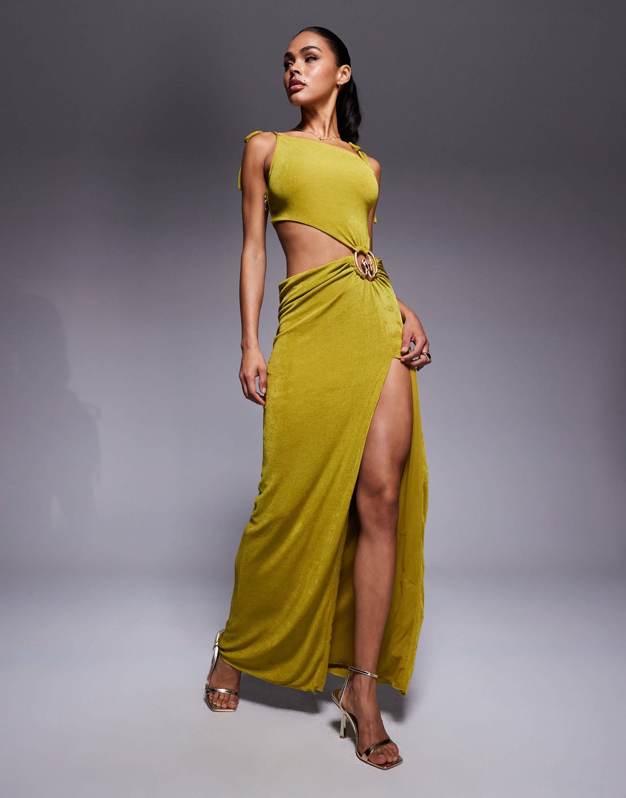 Oh Polly cowl neck textured jersey cut-out maxi dress in olive green