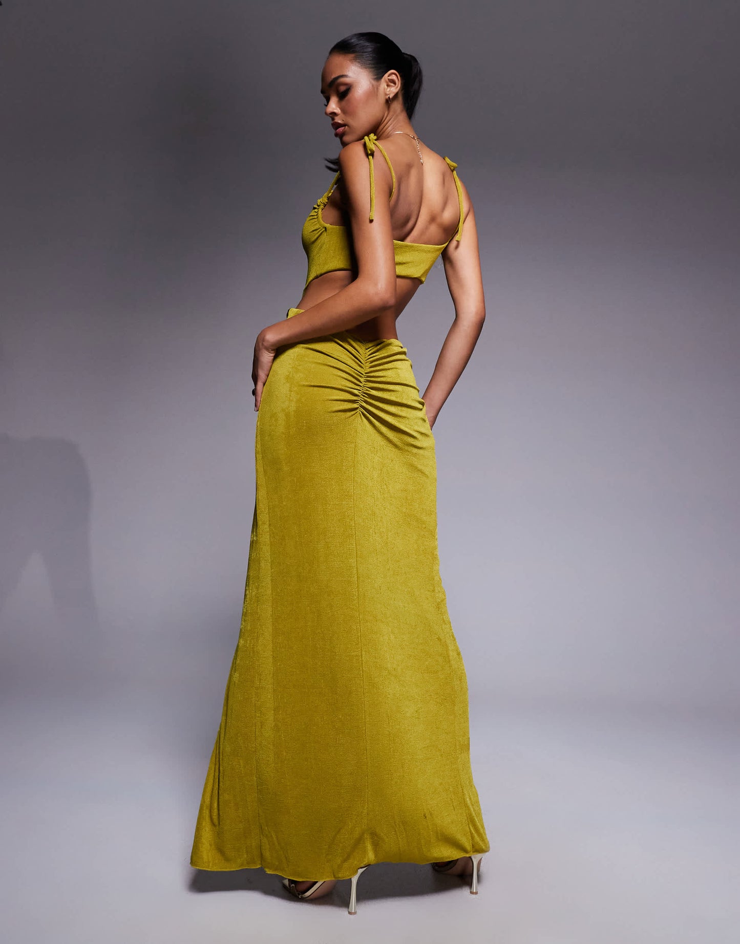 Oh Polly cowl neck textured jersey cut-out maxi dress in olive green