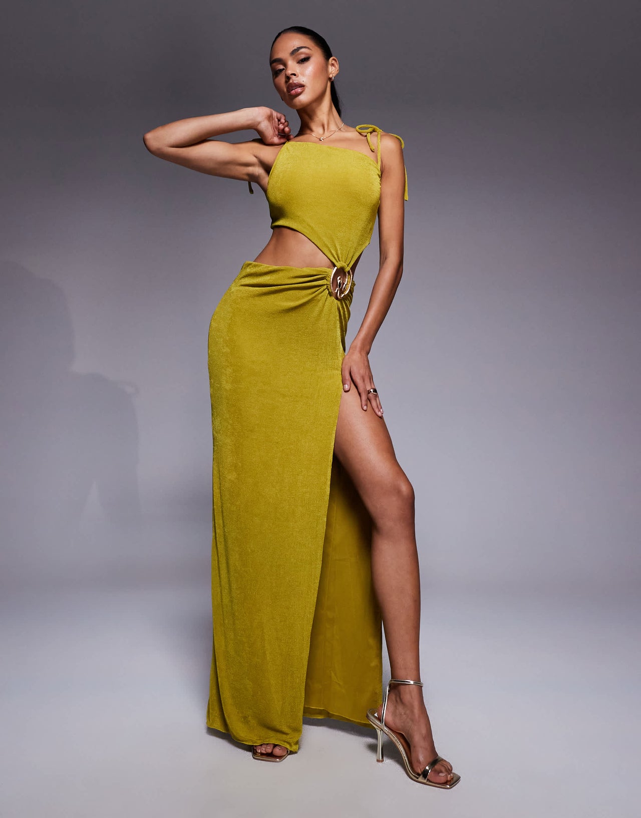 Oh Polly cowl neck textured jersey cut-out maxi dress in olive green