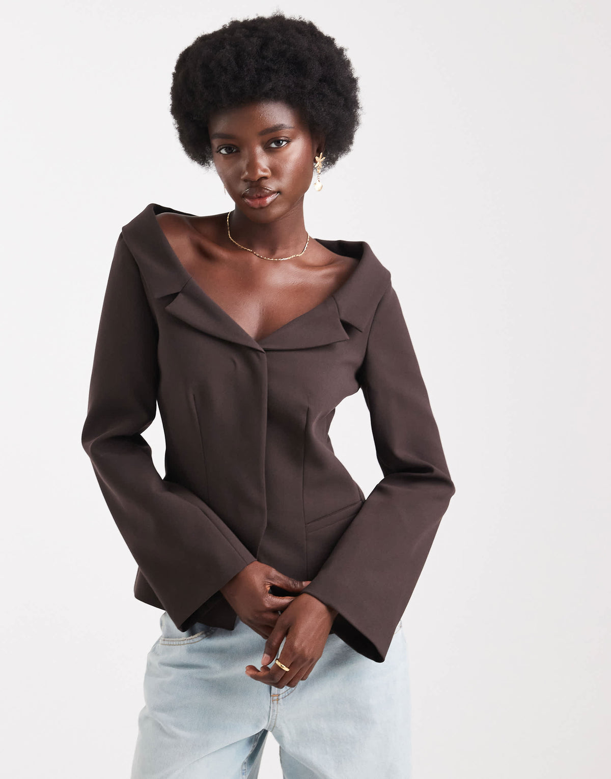 ASOS DESIGN tailored off shoulder blazer in chocolate