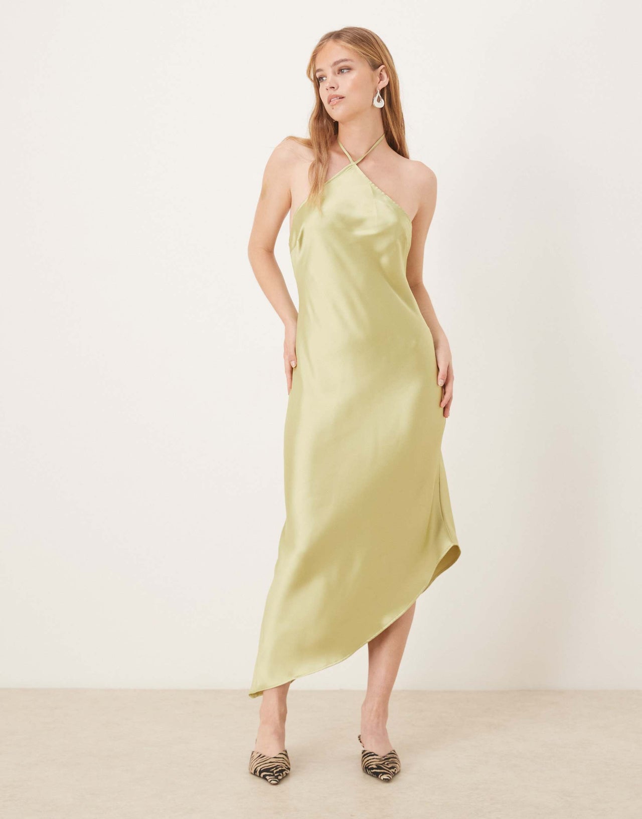 ASOS DESIGN satin halter maxi dress in olive green