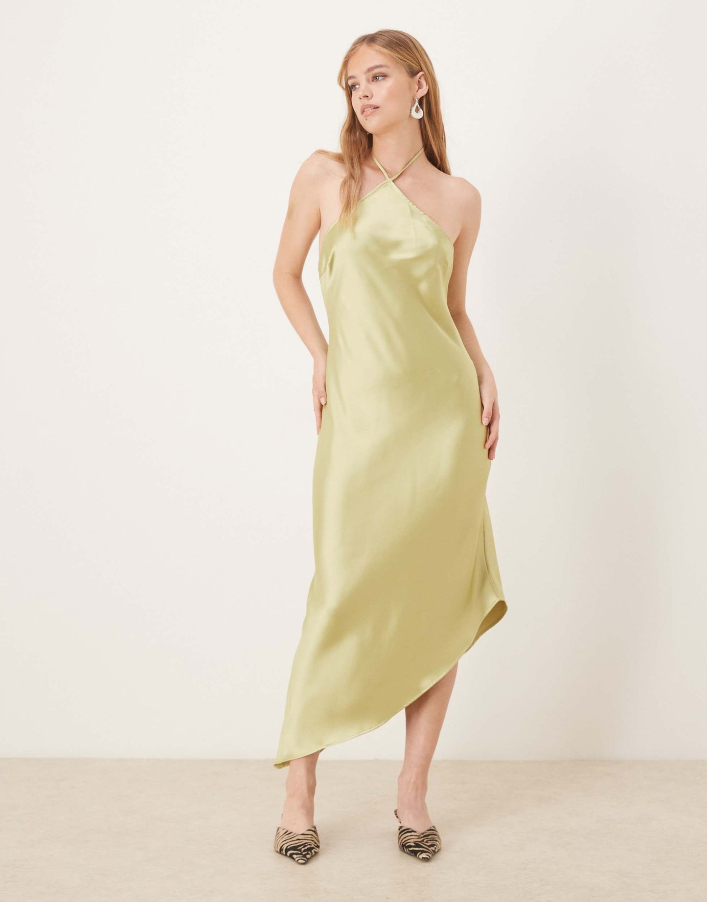 ASOS DESIGN satin halter maxi dress in olive green