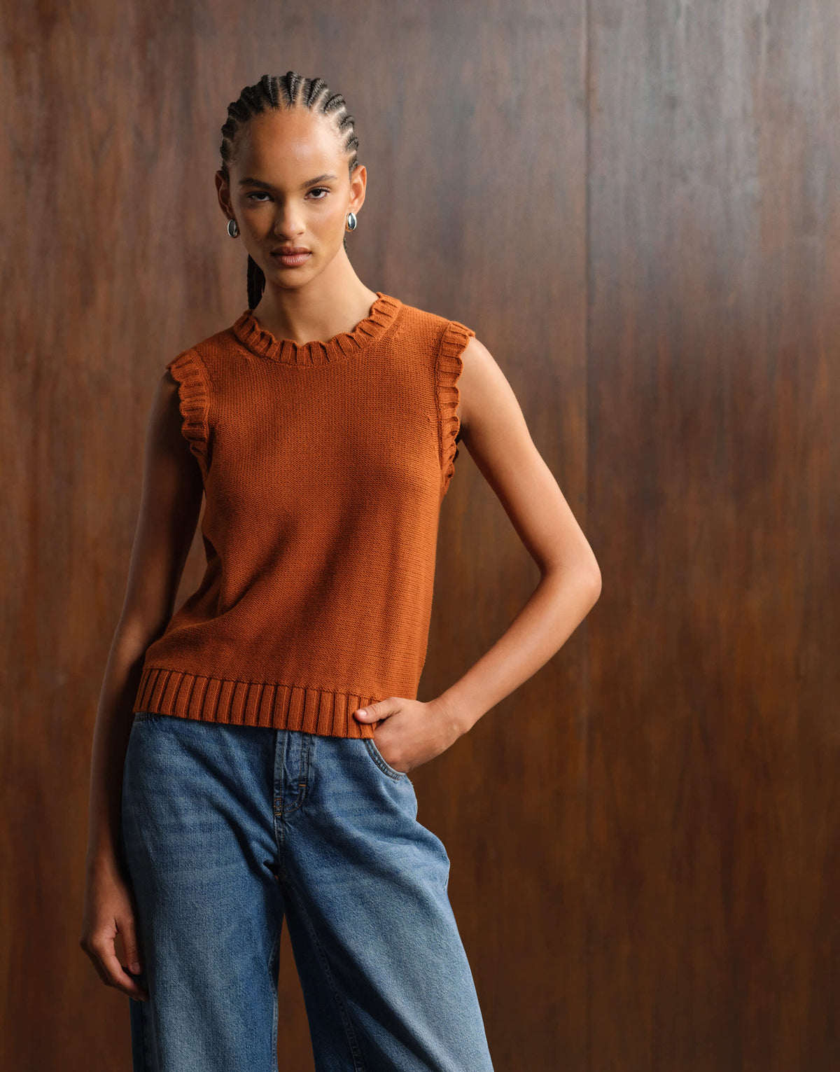ARKET knitted tank vest with frill edge detail in rust