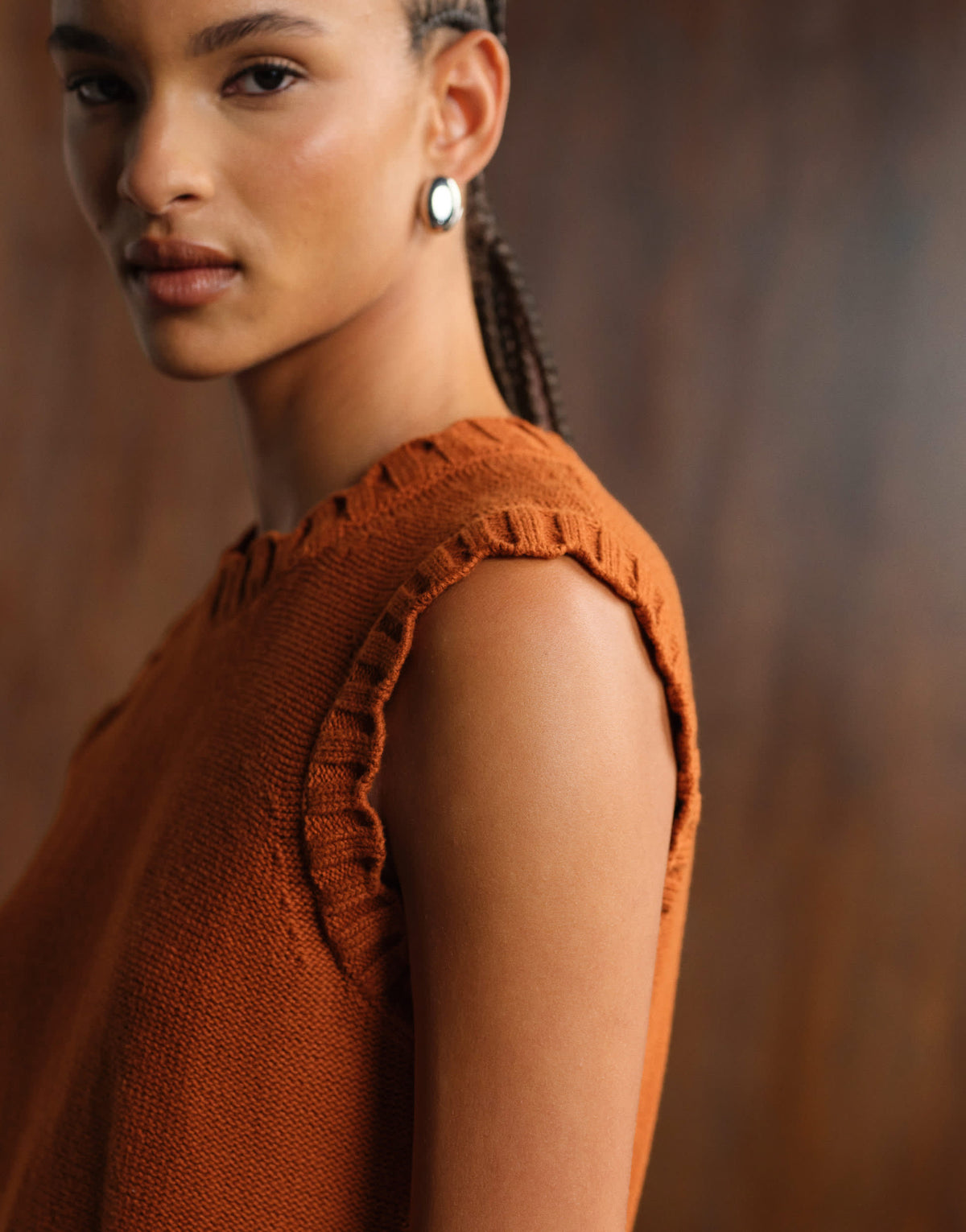 ARKET knitted tank vest with frill edge detail in rust