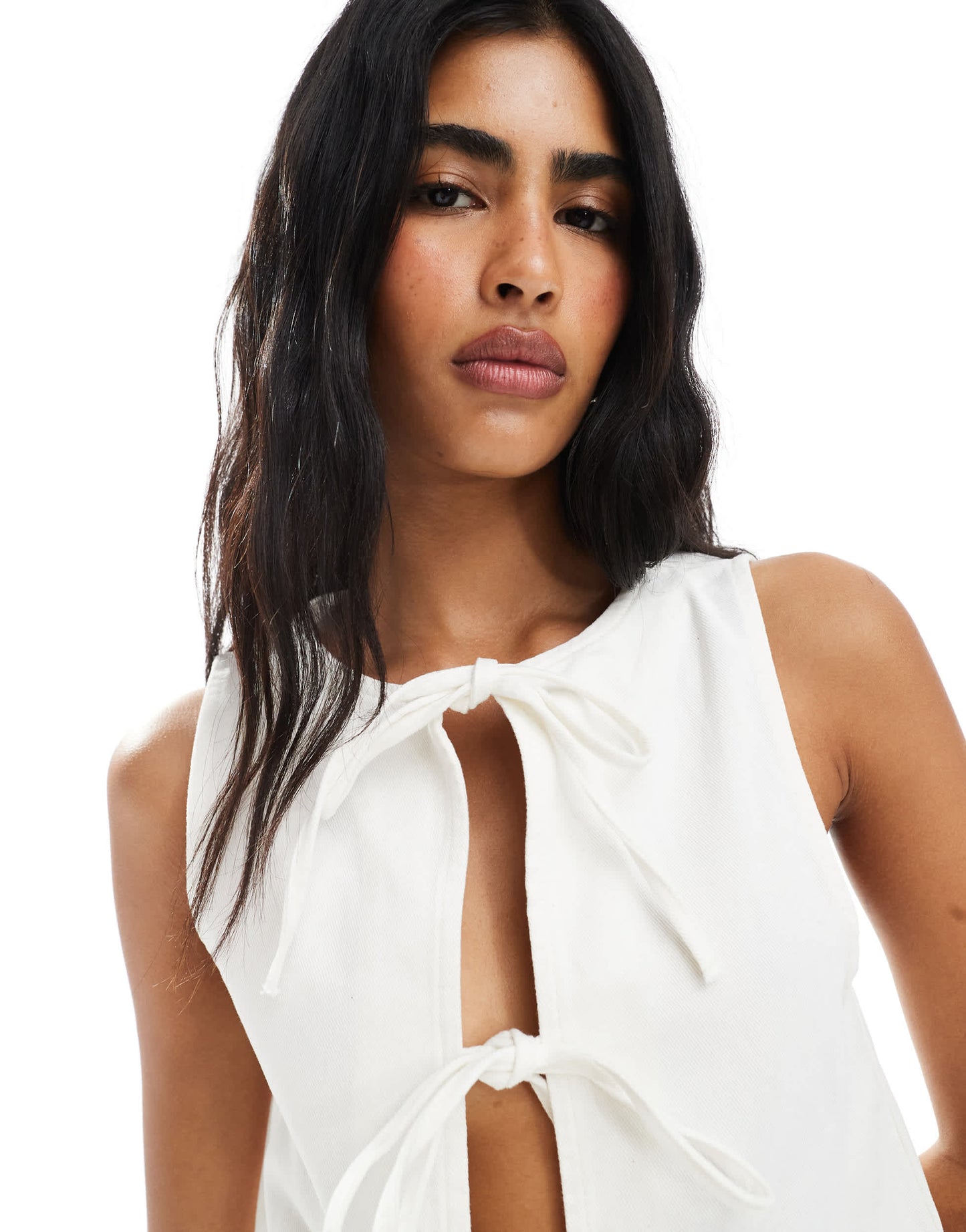 Miss Selfridge tie front denim waistcoat in ecru