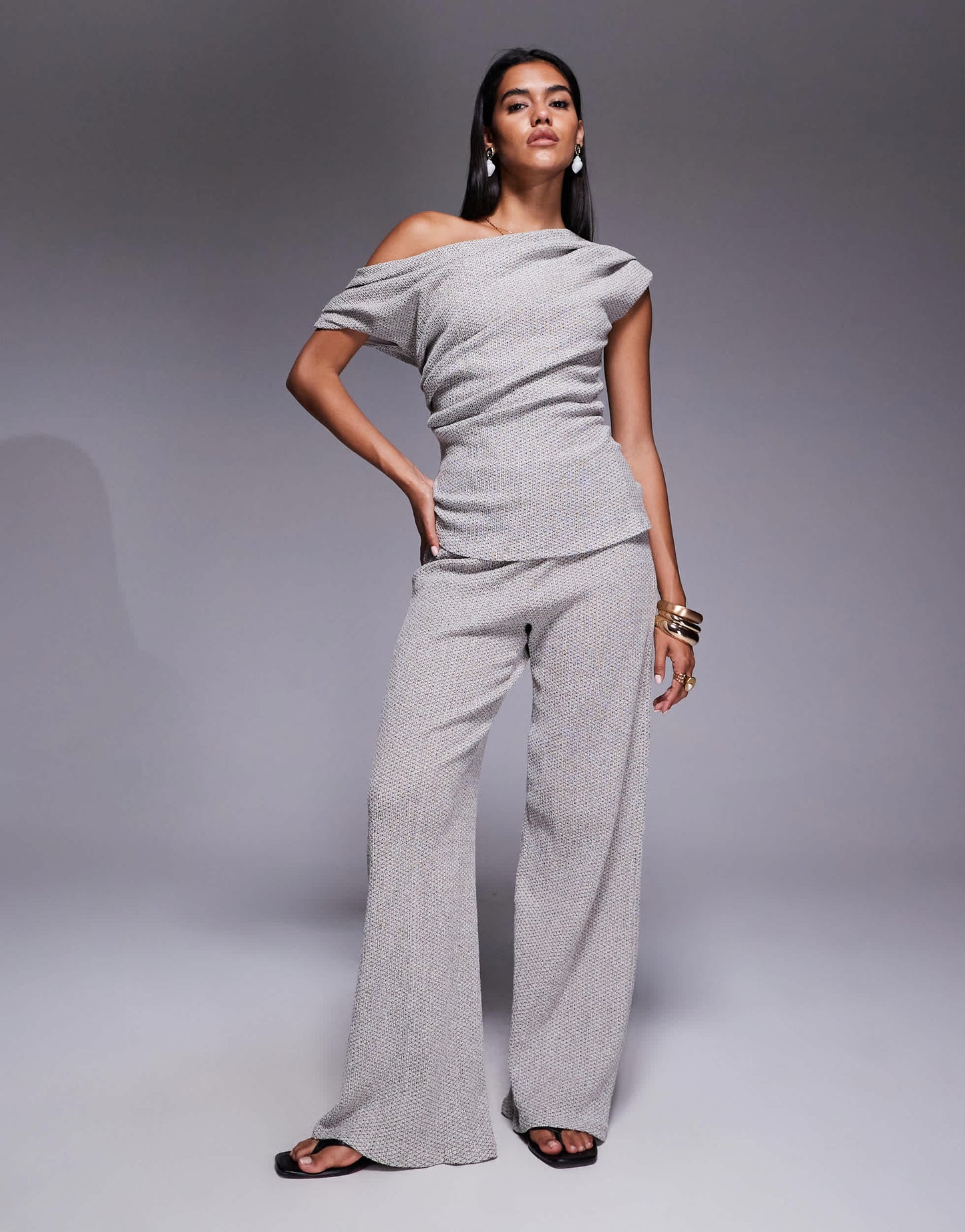 River Island textured wide leg trouser in white