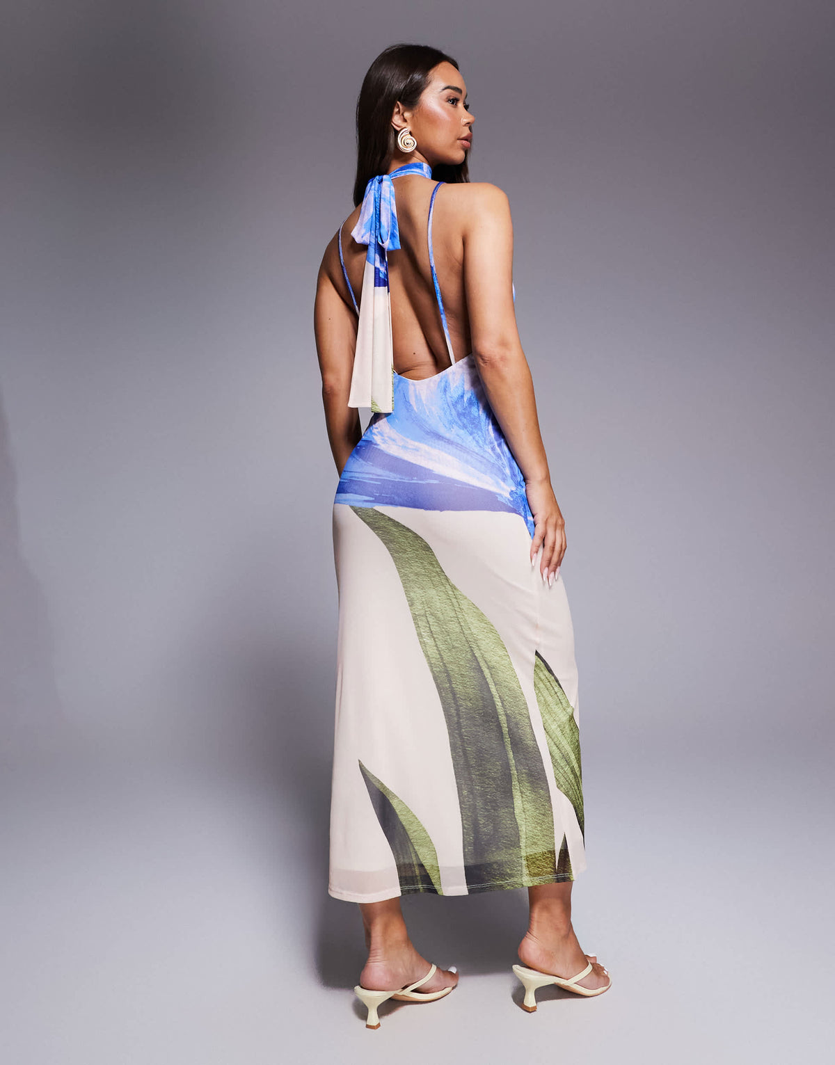ASOS DESIGN halter neck with open back with drape detail maxi dress in blue floral print