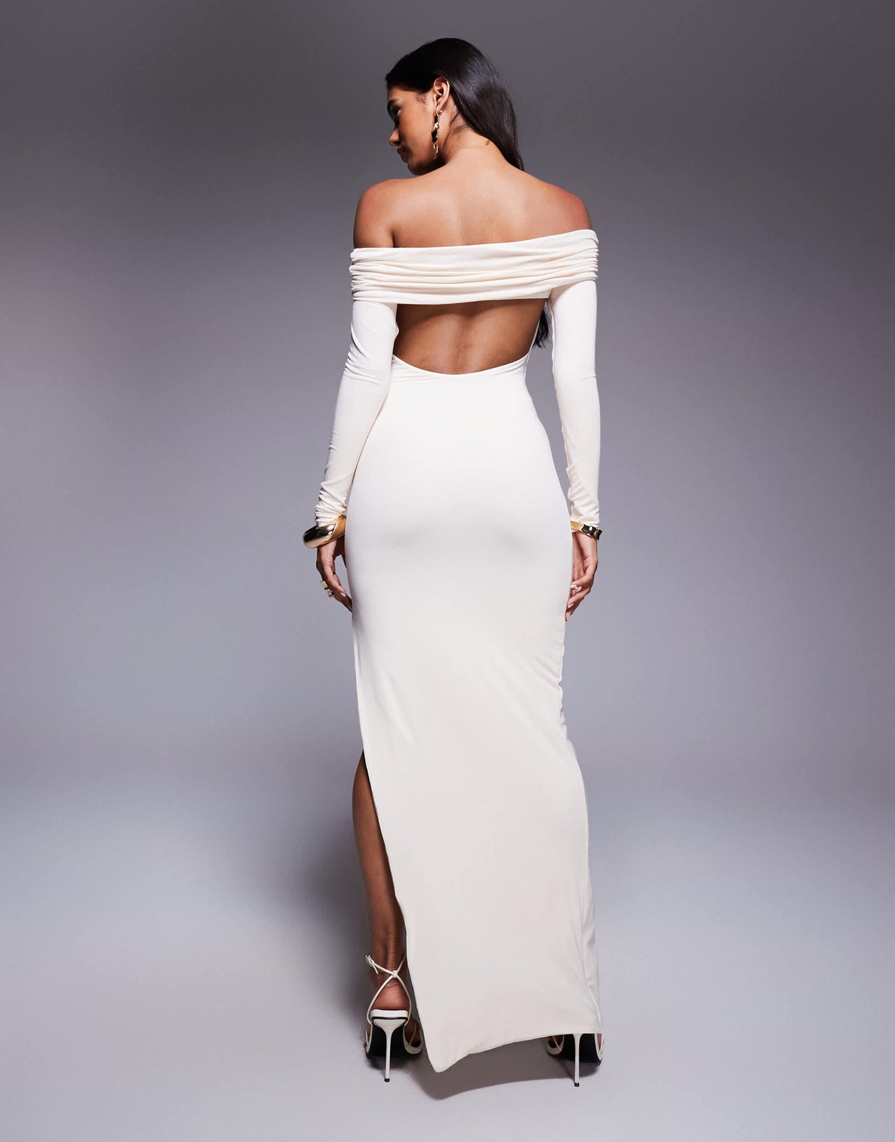 Oh Polly Honora bardot jersey split maxi dress in ivory