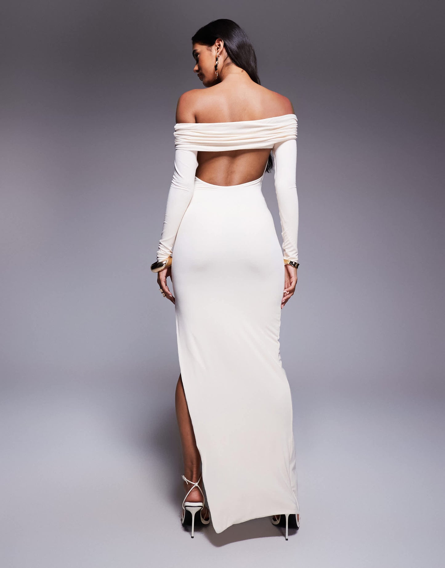 Oh Polly Honora bardot jersey split maxi dress in ivory