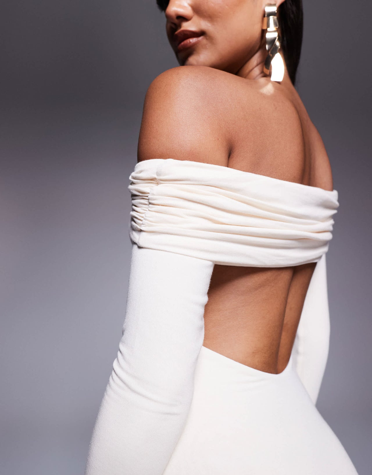 Oh Polly Honora bardot jersey split maxi dress in ivory